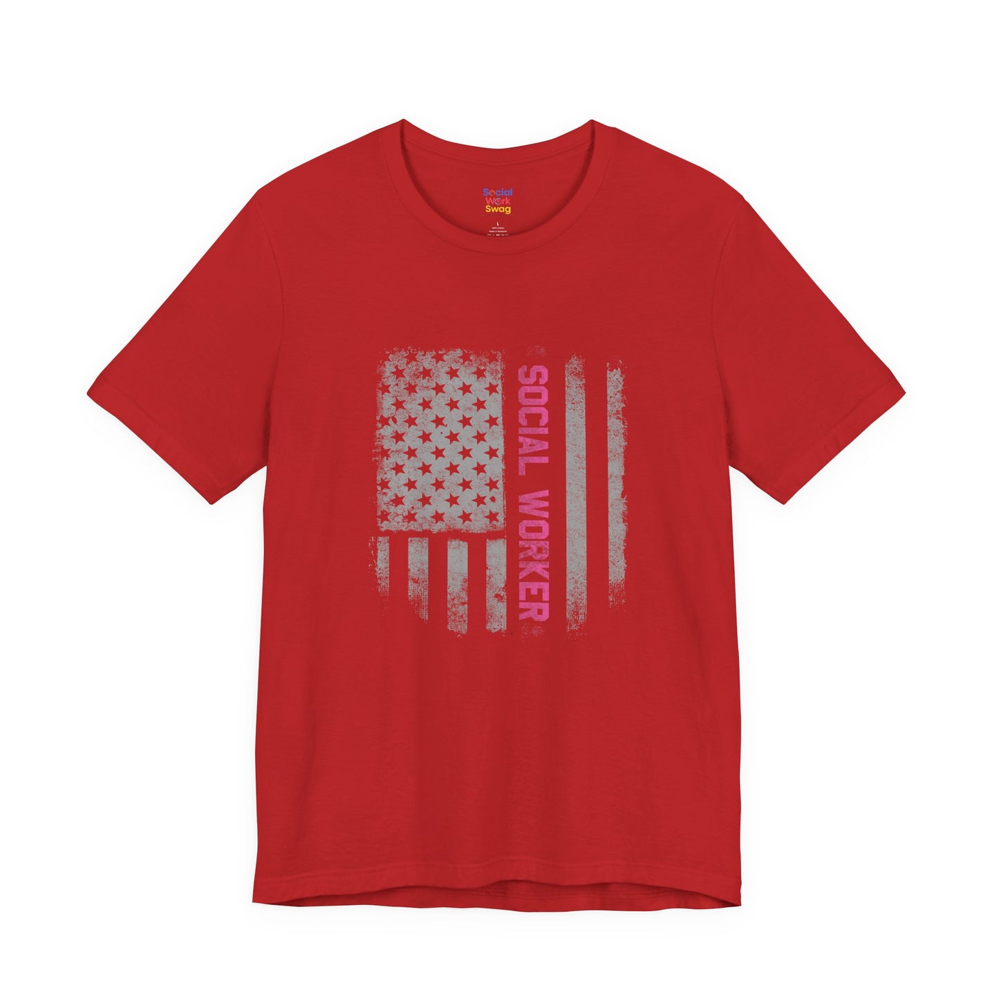 Unisex-Social Worker American Flag T-Shirt — Distressed Gray & Pink Honor Tee