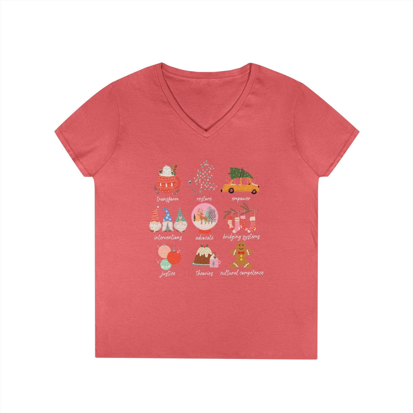 Christmas Icons Ladies' V-Neck T-Shirt — Cute Holiday Graphic Tee (Santa, Tree, Ornaments)