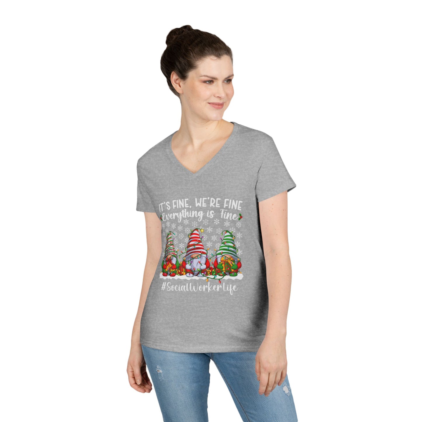 Social Worker Life Christmas V-Neck Tee — "It's Fine, We're Fine" Gnome Holiday Shirt
