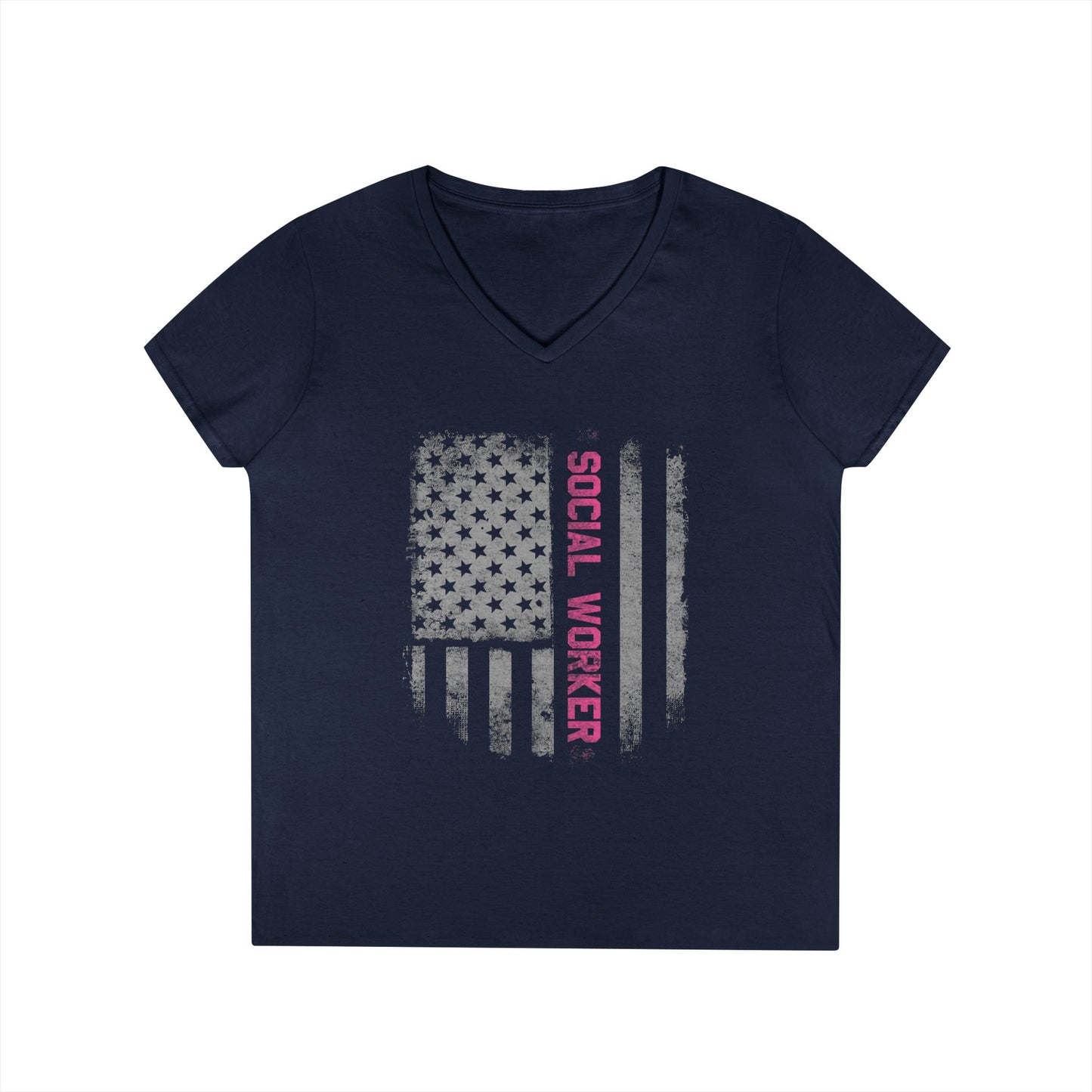 Social Worker V-Neck T-Shirt — Distressed American Flag Design