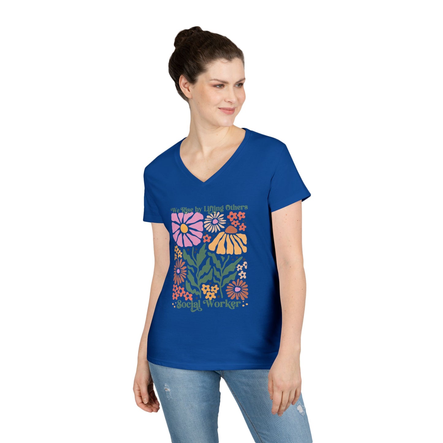 Social Worker Floral V-Neck T‑Shirt — "We Rise by Lifting Others"