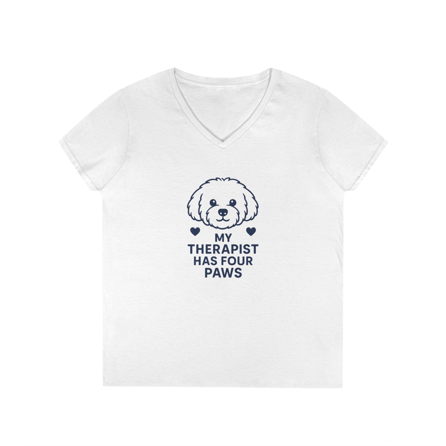 Dog Lover V-Neck Pet Tee — “My Therapist Has Four Paws” Women’s T‑Shirt