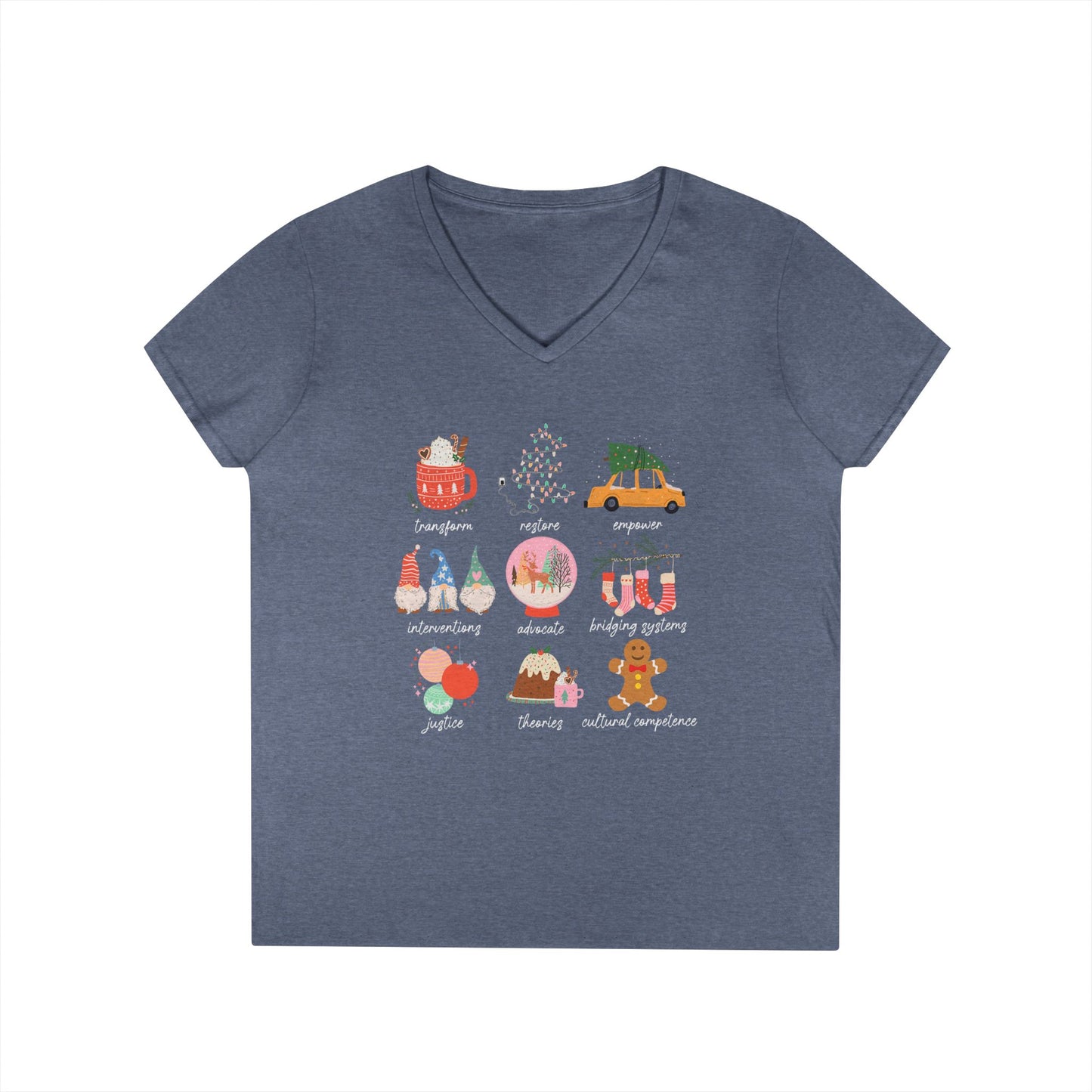 Christmas Icons Ladies' V-Neck T-Shirt — Cute Holiday Graphic Tee (Santa, Tree, Ornaments)