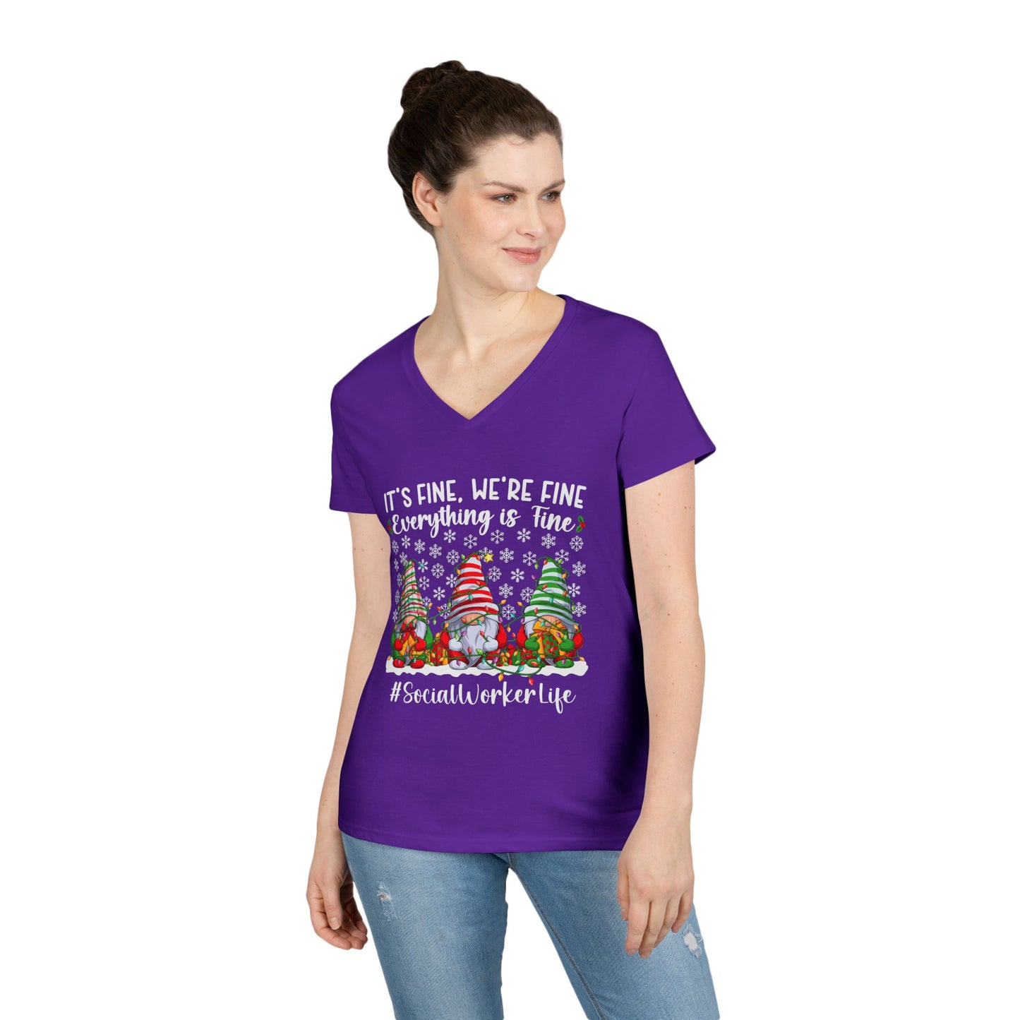 Social Worker Life Christmas V-Neck Tee — "It's Fine, We're Fine" Gnome Holiday Shirt