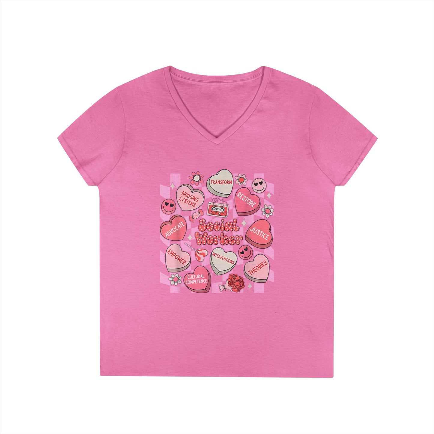 Valentine Candy Hearts Ladies' V-Neck T-Shirt — Sweetheart Messages Graphic Tee - Social Worker