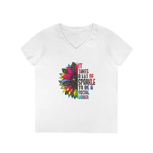 Social Worker V-Neck T-Shirt - "It Takes A Lot Of Sparkle To Be A Social Worker" Colorful Floral Design