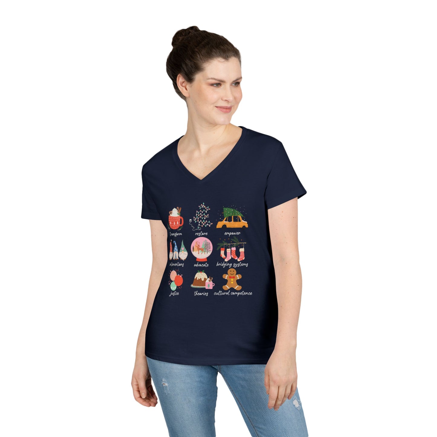 Christmas Icons Ladies' V-Neck T-Shirt — Cute Holiday Graphic Tee (Santa, Tree, Ornaments)