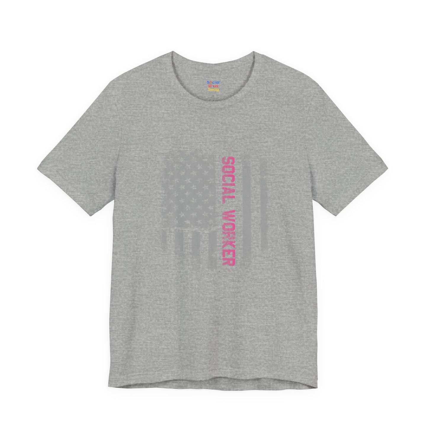 Unisex-Social Worker American Flag T-Shirt — Distressed Gray & Pink Honor Tee