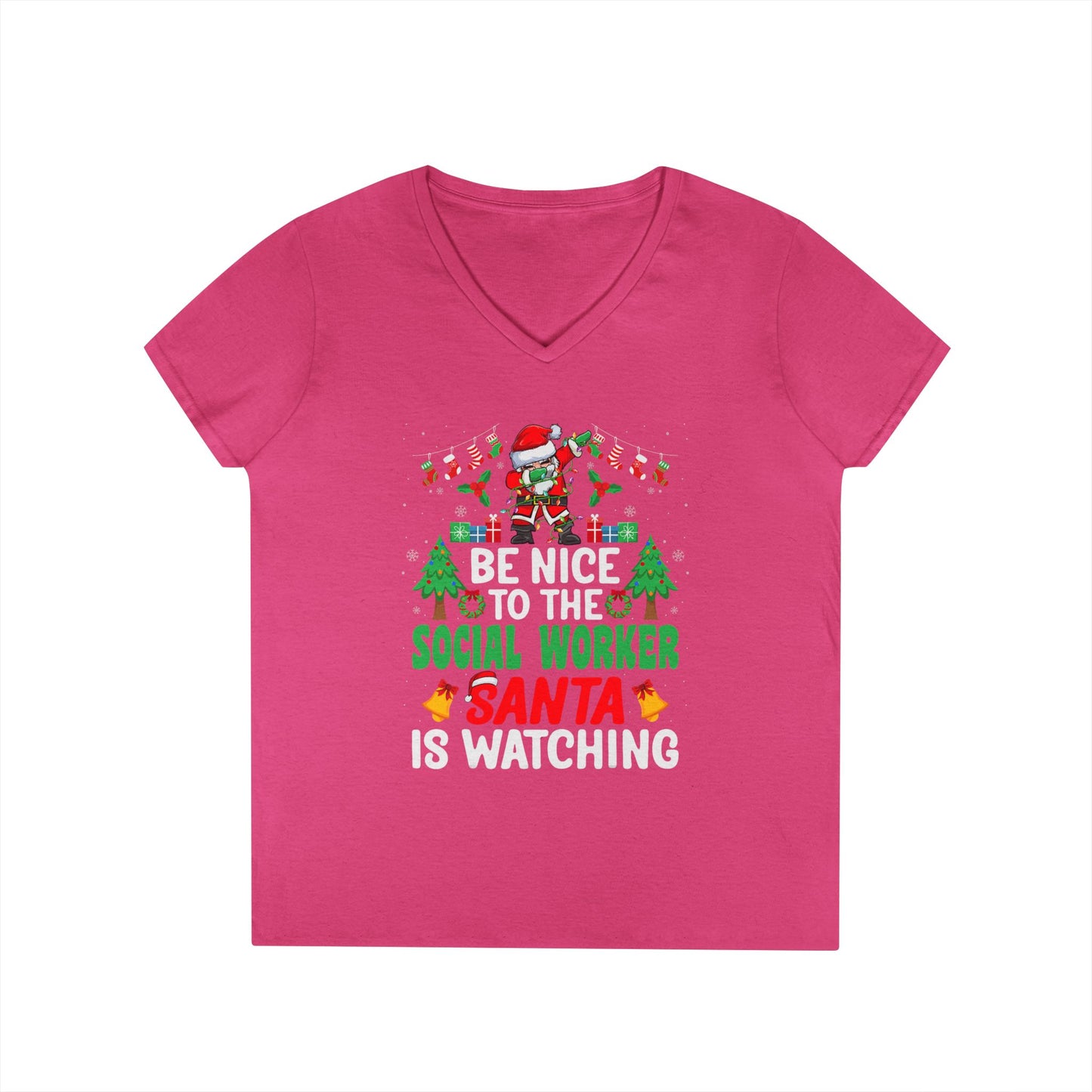 Social Worker Christmas V-Neck Tee — "Be Nice to the Social Worker Santa Is Watching"
