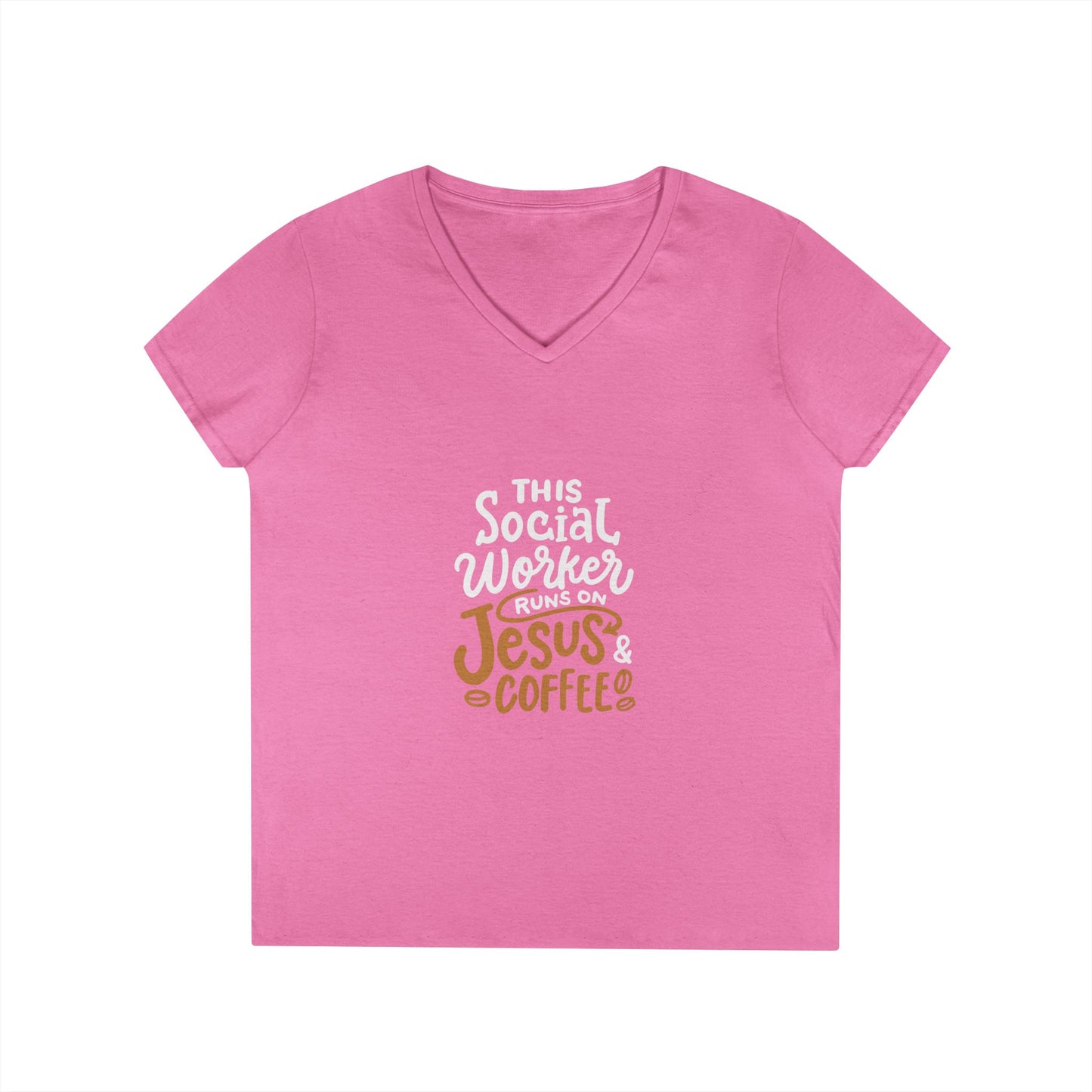 Ladies' V-Neck T-Shirt — "This Social Worker Runs on Jesus & Coffee" Christian Social Worker Tee