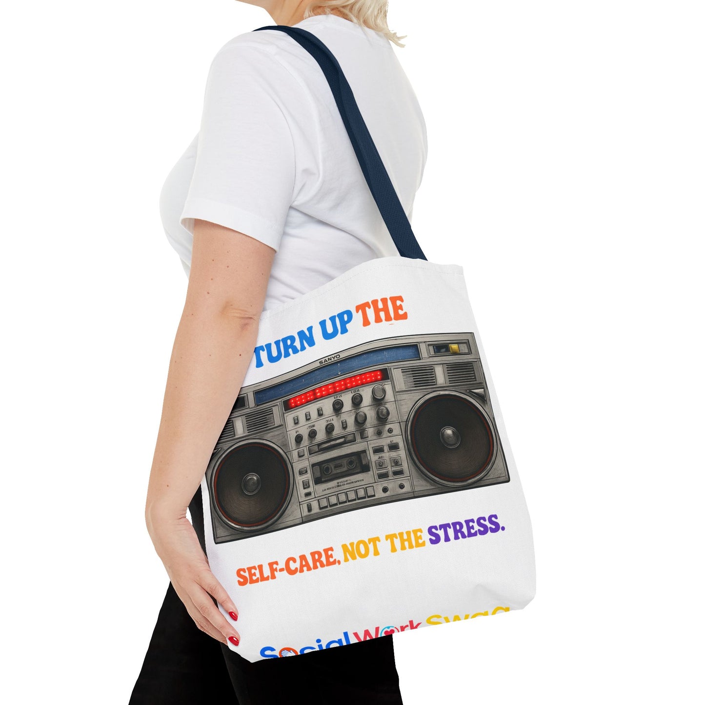 Turn Up the Self-Care Tote Bag — Retro Boombox 'Self-Care, Not the Stress' (Mental Health/Social Worker)