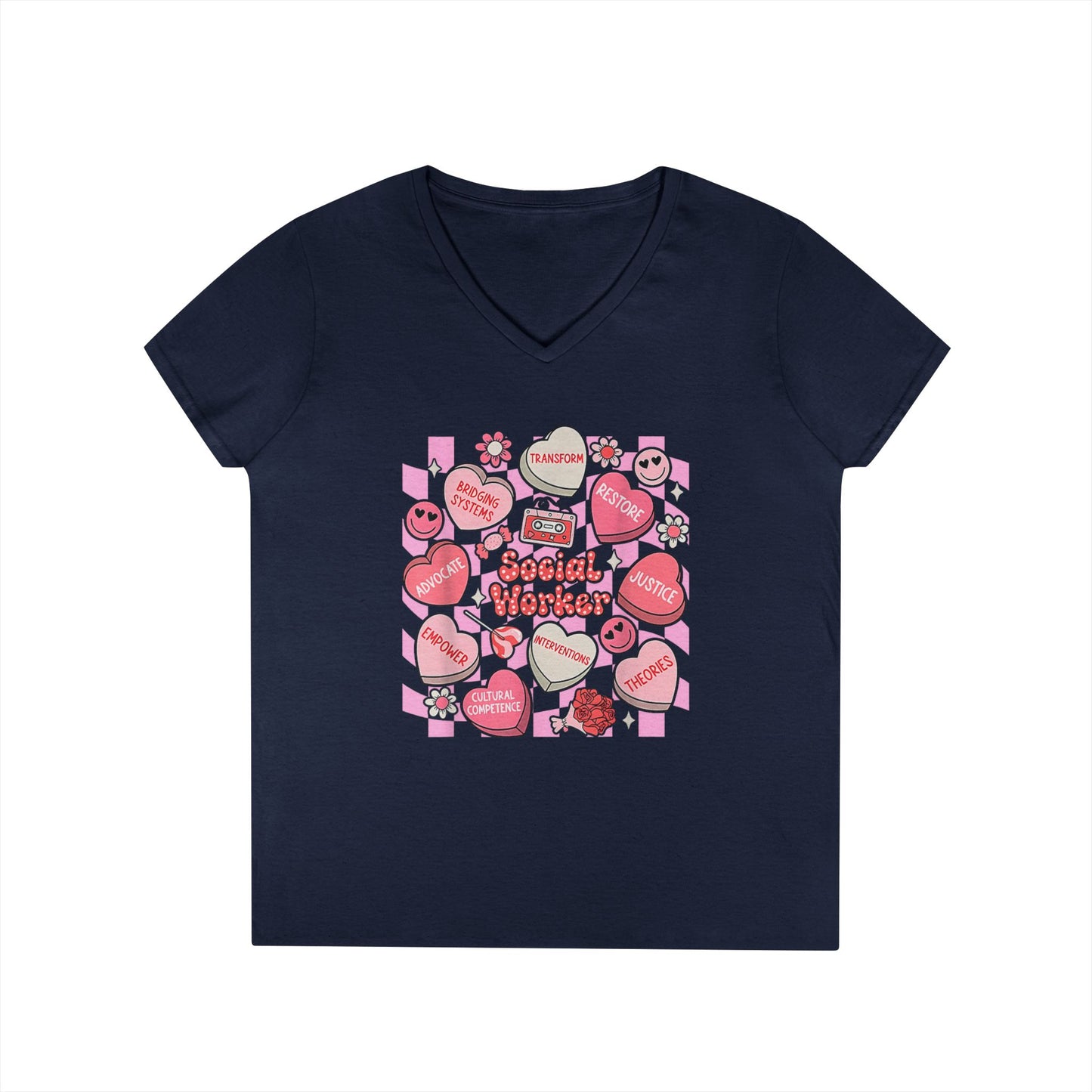 Valentine Candy Hearts Ladies' V-Neck T-Shirt — Sweetheart Messages Graphic Tee - Social Worker