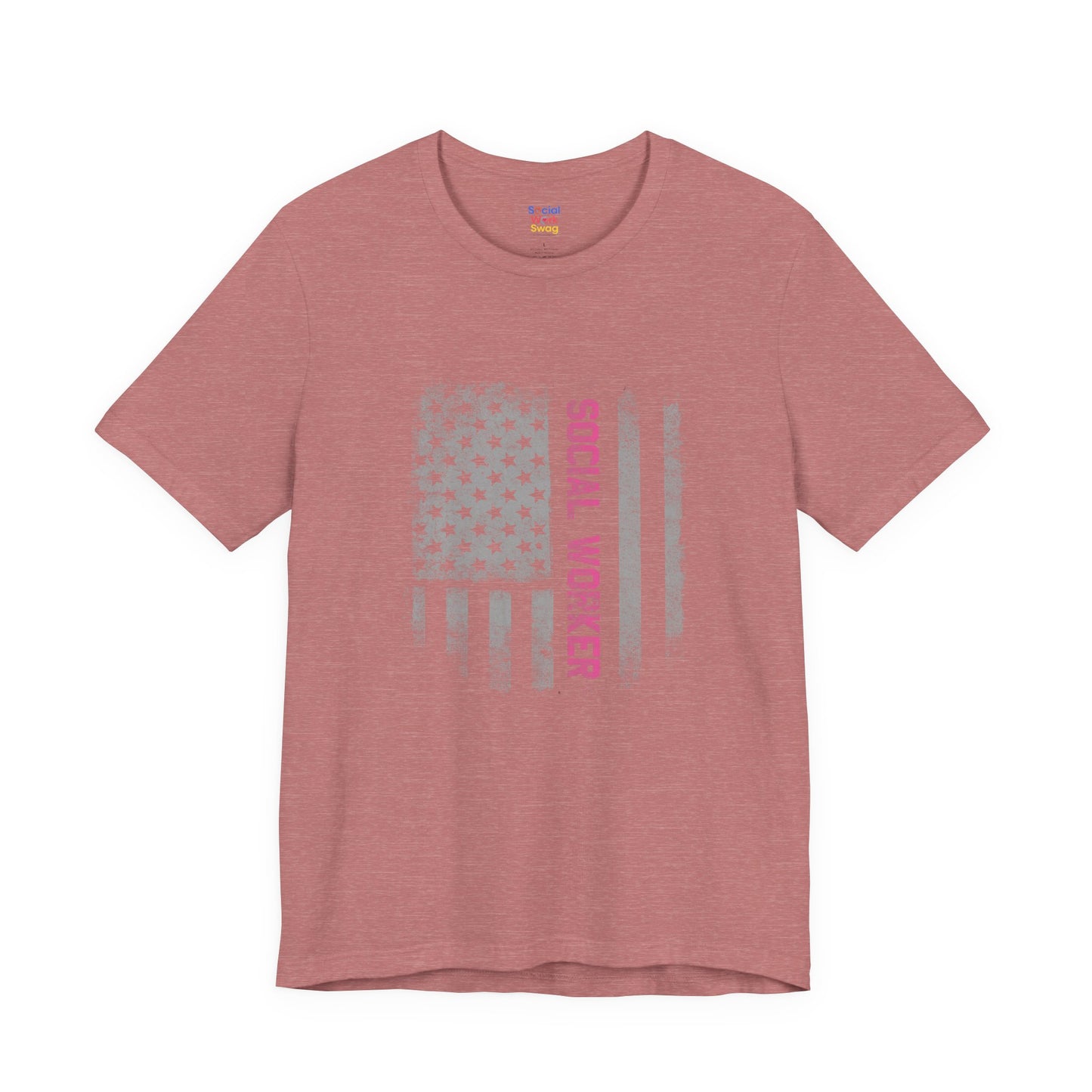 Unisex-Social Worker American Flag T-Shirt — Distressed Gray & Pink Honor Tee