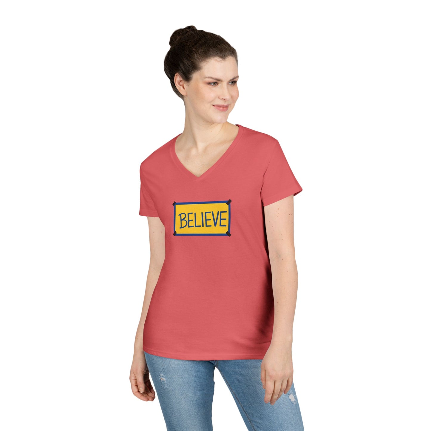 Believe Ladies' V-Neck Tee — Inspirational Graphic T-Shirt for Women (Social Worker/Mental Health)