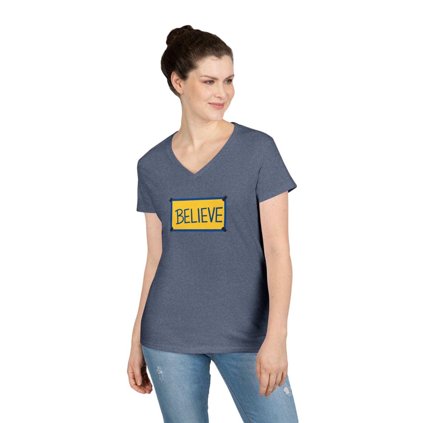 Believe Ladies' V-Neck Tee — Inspirational Graphic T-Shirt for Women (Social Worker/Mental Health)