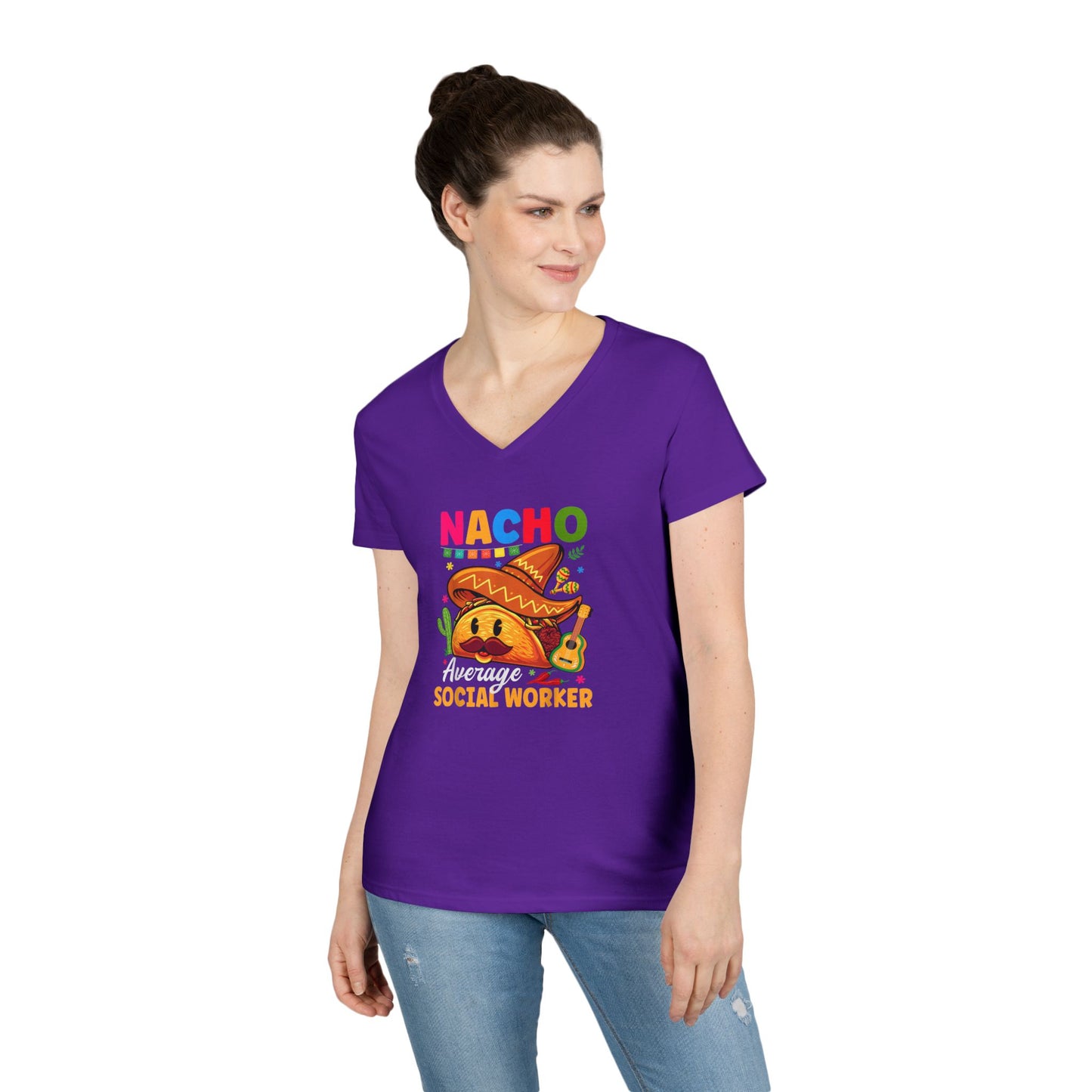 Ladies' V-Neck T-Shirt — "Nacho Average Social Worker" Funny Mexican Food Graphic Tee