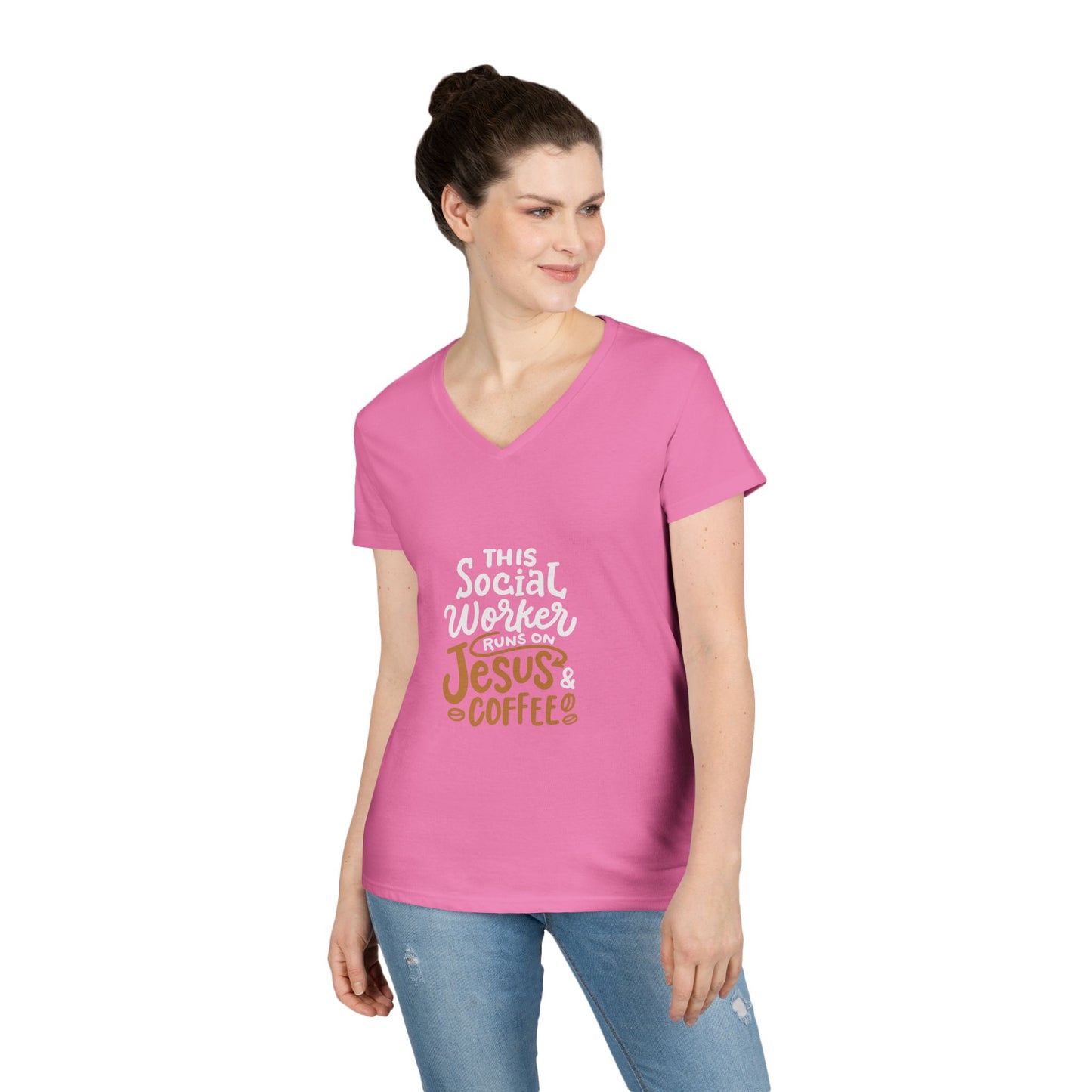 Ladies' V-Neck T-Shirt — "This Social Worker Runs on Jesus & Coffee" Christian Social Worker Tee