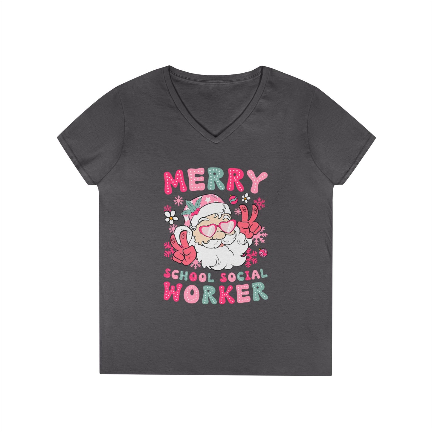Merry School Social Worker V-Neck Tee — Cute Santa Holiday Shirt for Female Educators