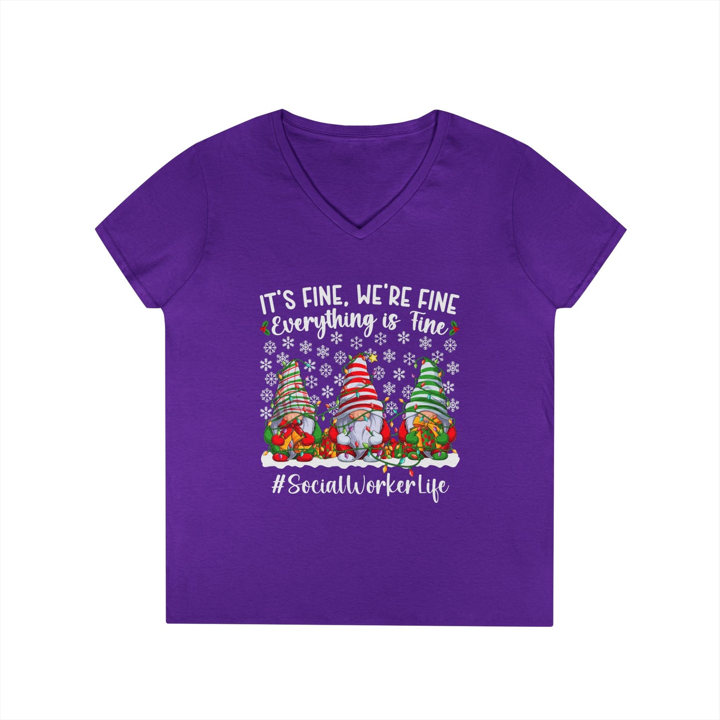 Social Worker Life Christmas V-Neck Tee — "It's Fine, We're Fine" Gnome Holiday Shirt