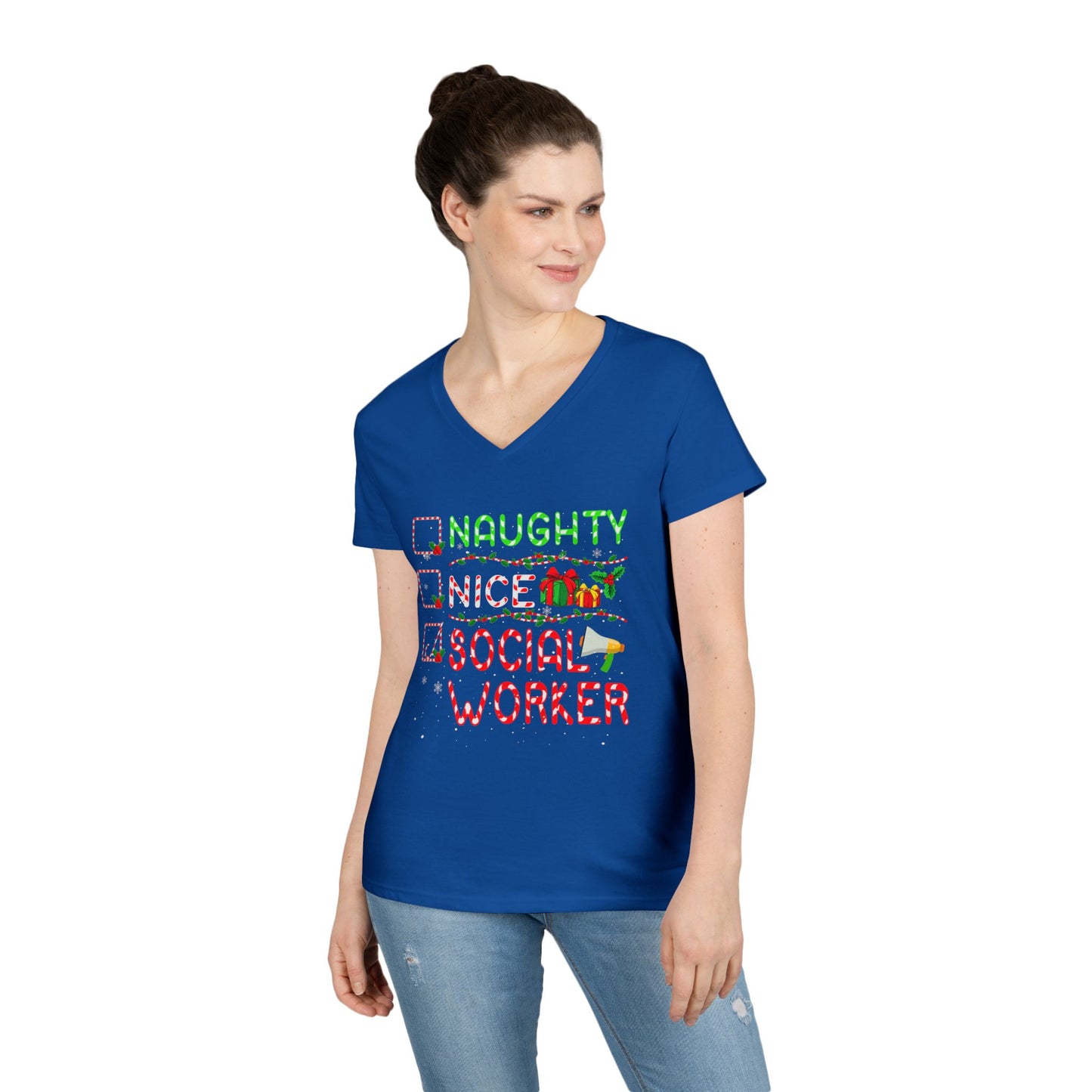 Social Worker Christmas V-Neck T-Shirt — Naughty Nice Social Worker Holiday Tee