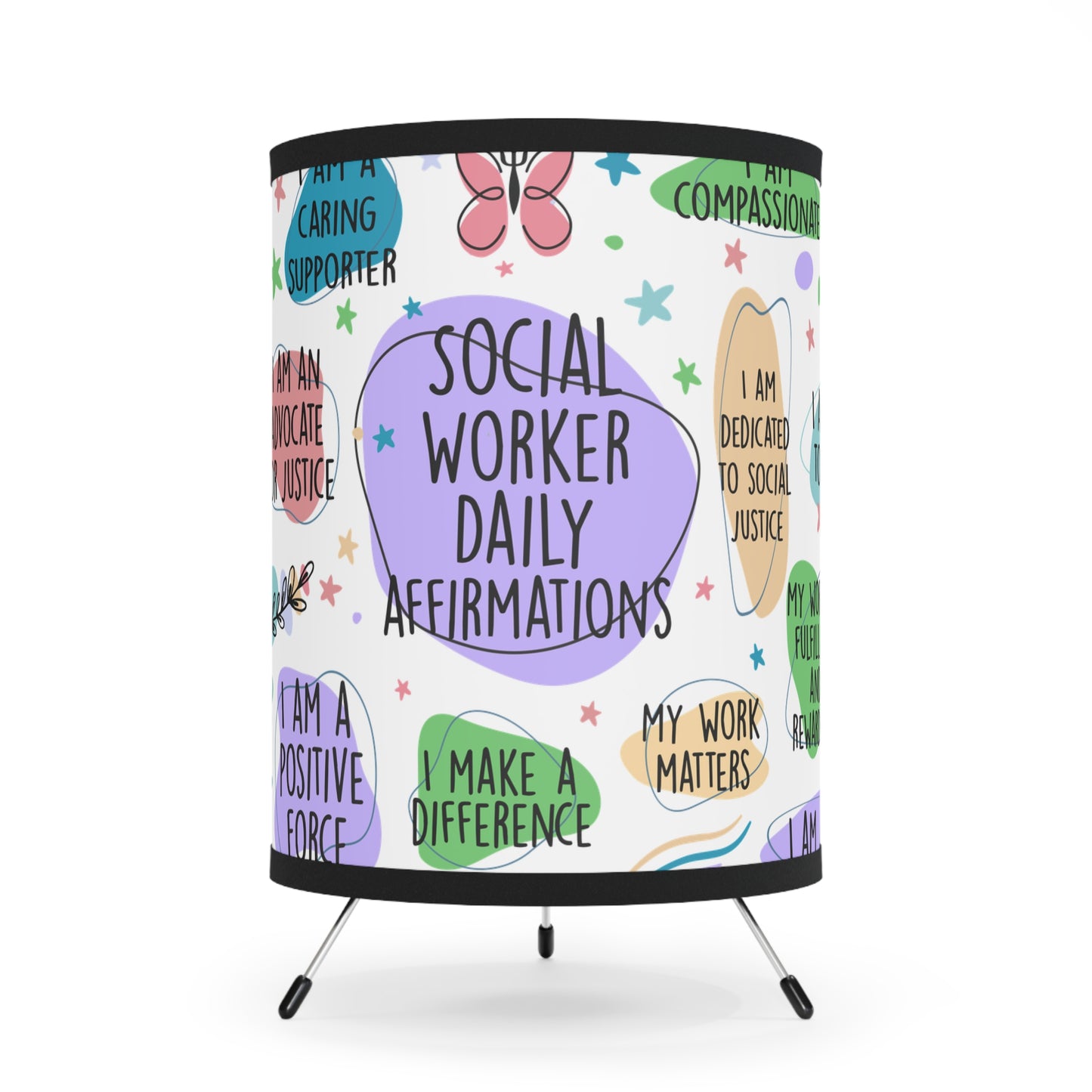 Social Worker Affirmations Tripod Lamp — Printed Shade with Positive Daily Mantras