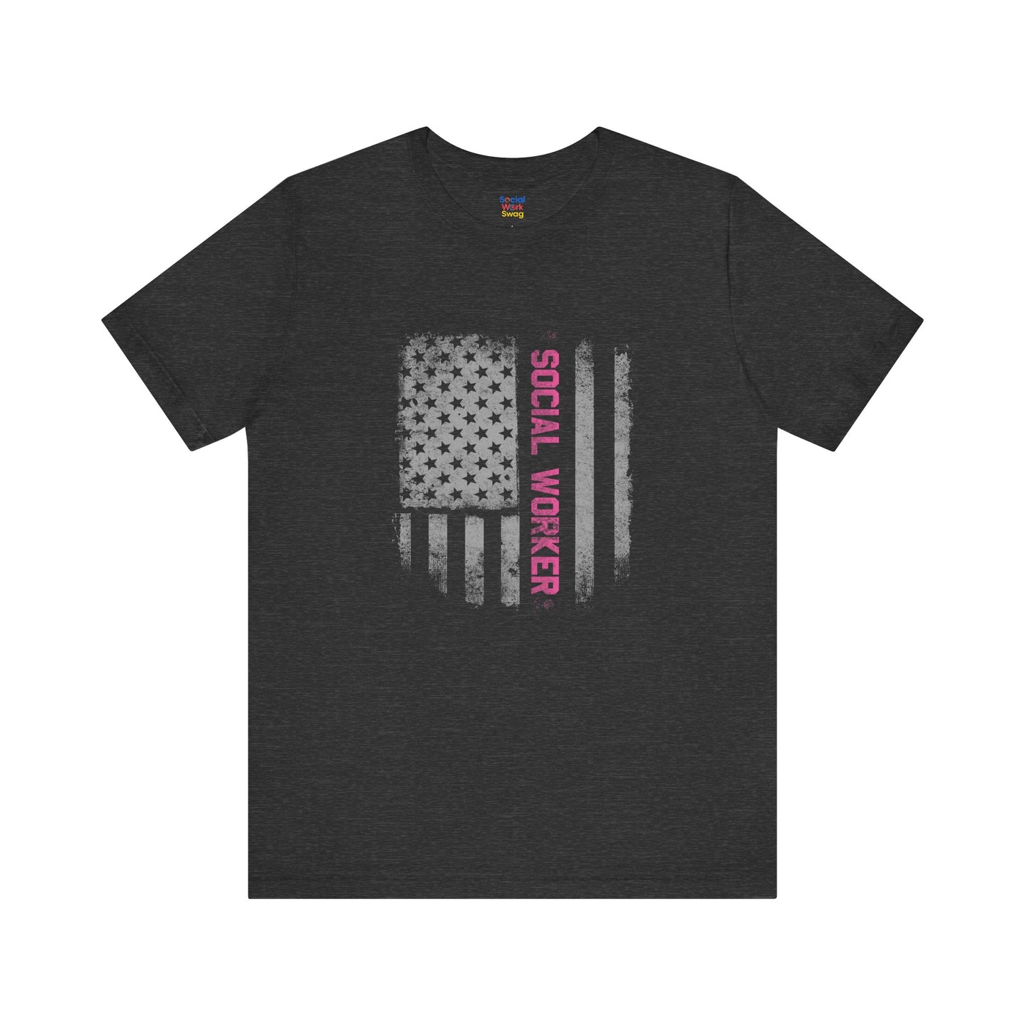 Unisex-Social Worker American Flag T-Shirt — Distressed Gray & Pink Honor Tee