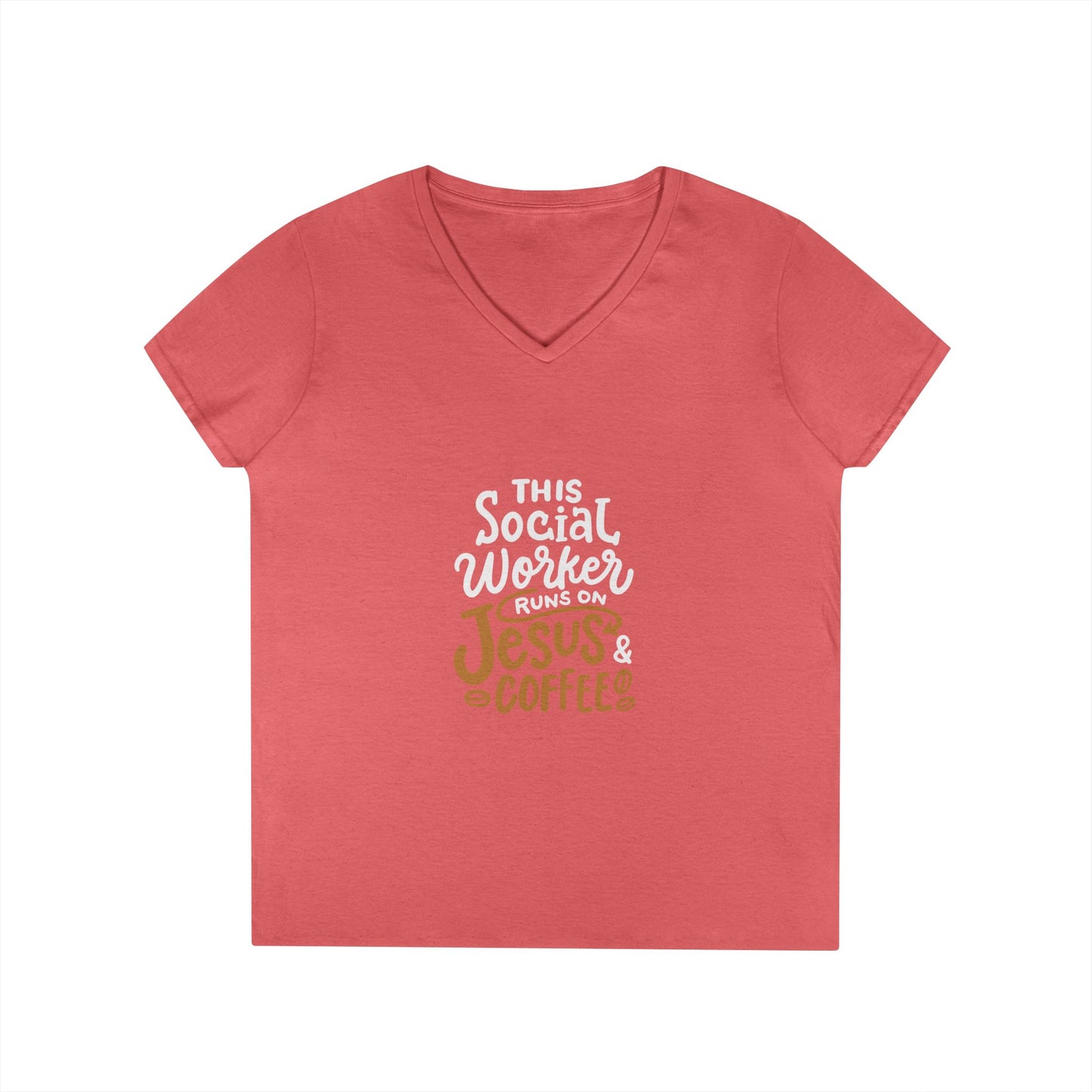Ladies' V-Neck T-Shirt — "This Social Worker Runs on Jesus & Coffee" Christian Social Worker Tee
