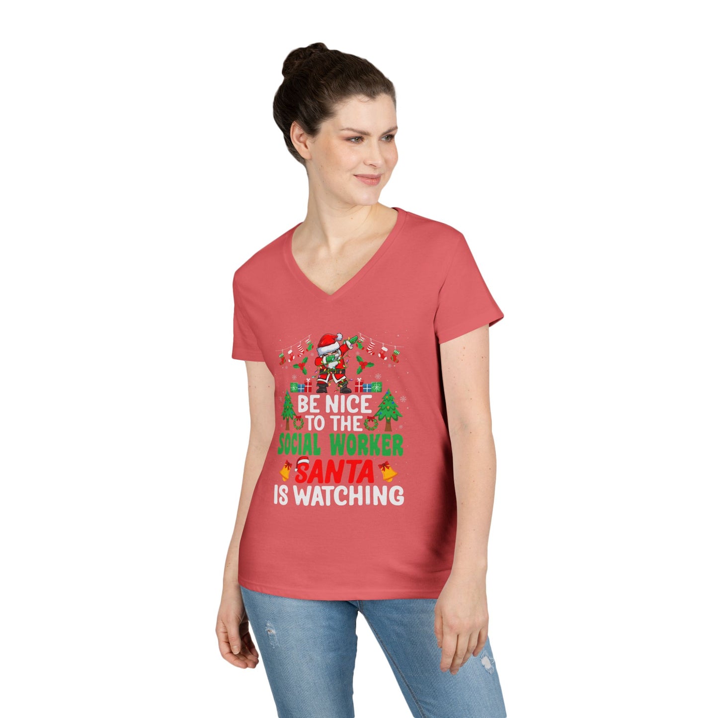 Social Worker Christmas V-Neck Tee — "Be Nice to the Social Worker Santa Is Watching"