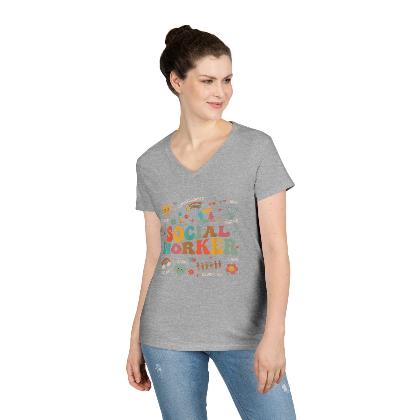 Ladies' V-Neck T-Shirt — Colorful 'October' Retro Fall Graphic Tee - Social Worker