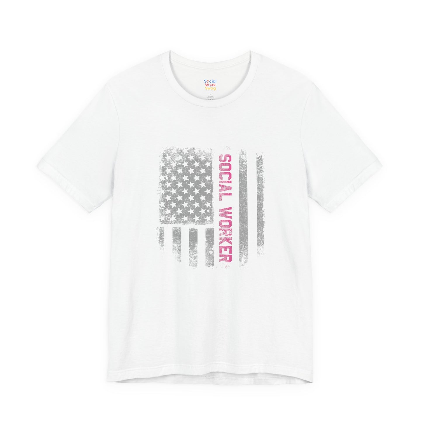 Unisex-Social Worker American Flag T-Shirt — Distressed Gray & Pink Honor Tee