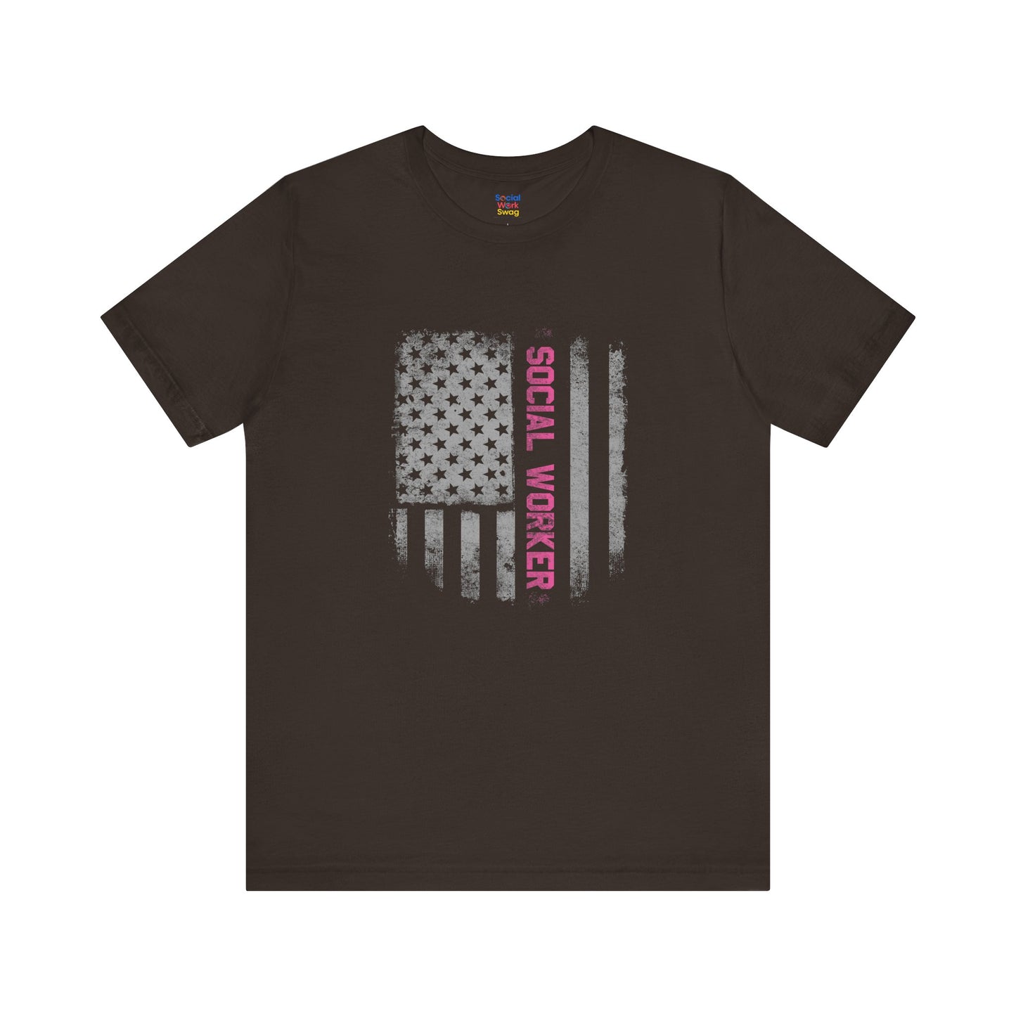 Unisex-Social Worker American Flag T-Shirt — Distressed Gray & Pink Honor Tee