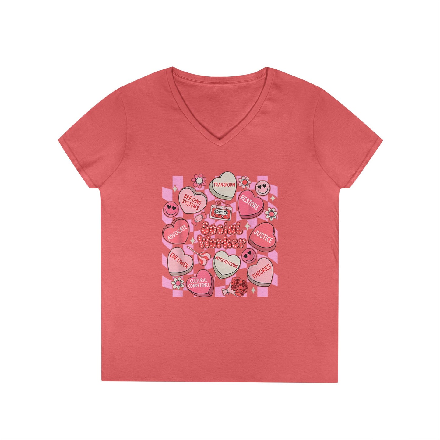 Valentine Candy Hearts Ladies' V-Neck T-Shirt — Sweetheart Messages Graphic Tee - Social Worker