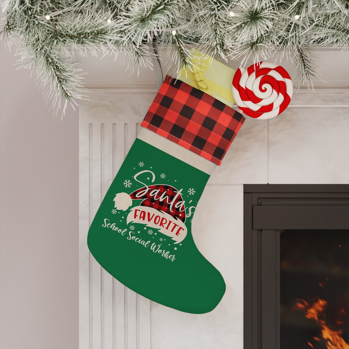 Green Buffalo Plaid Christmas Stocking – "Santa's Favorite School Social Worker"