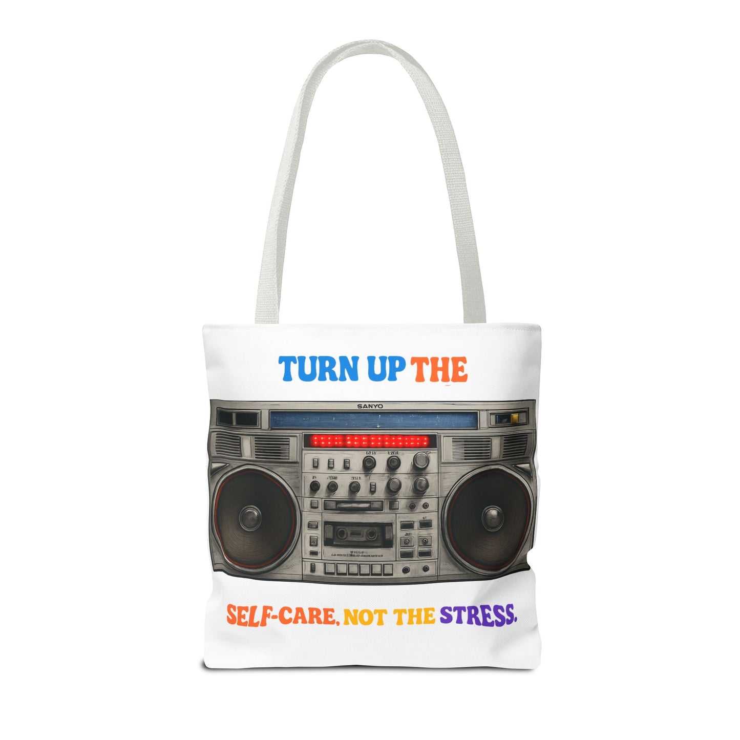 Turn Up the Self-Care Tote Bag — Retro Boombox 'Self-Care, Not the Stress' (Mental Health/Social Worker)