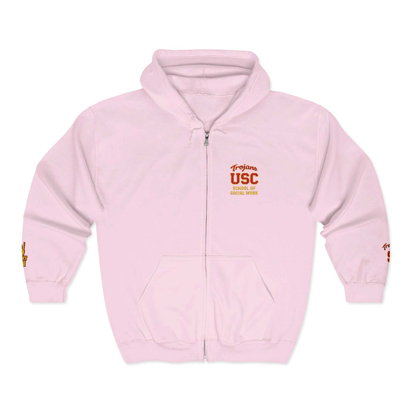 USC School of Social Work- Full-Zip Hoodie – Chest & Sleeve Logo Zip-Up Sweatshirt