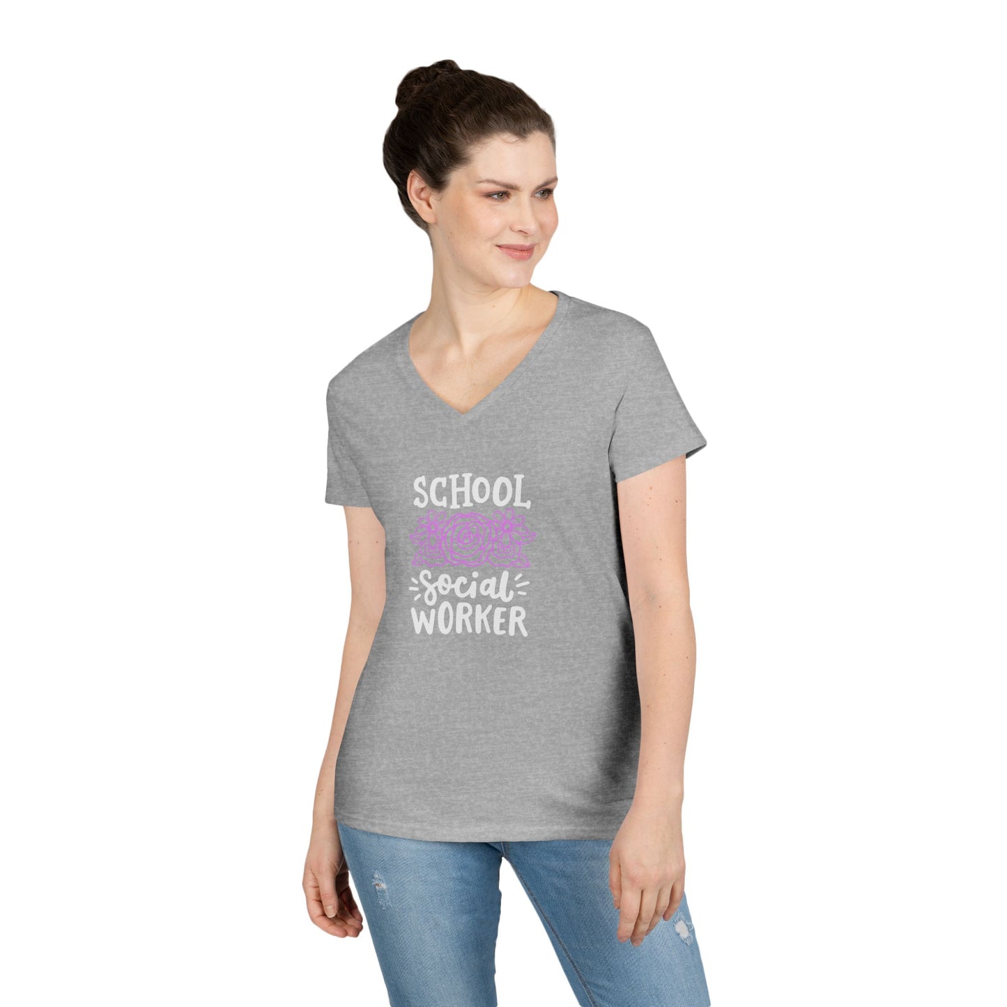School Social Worker Ladies' V-Neck T-Shirt — Pink Floral Appreciation Gift