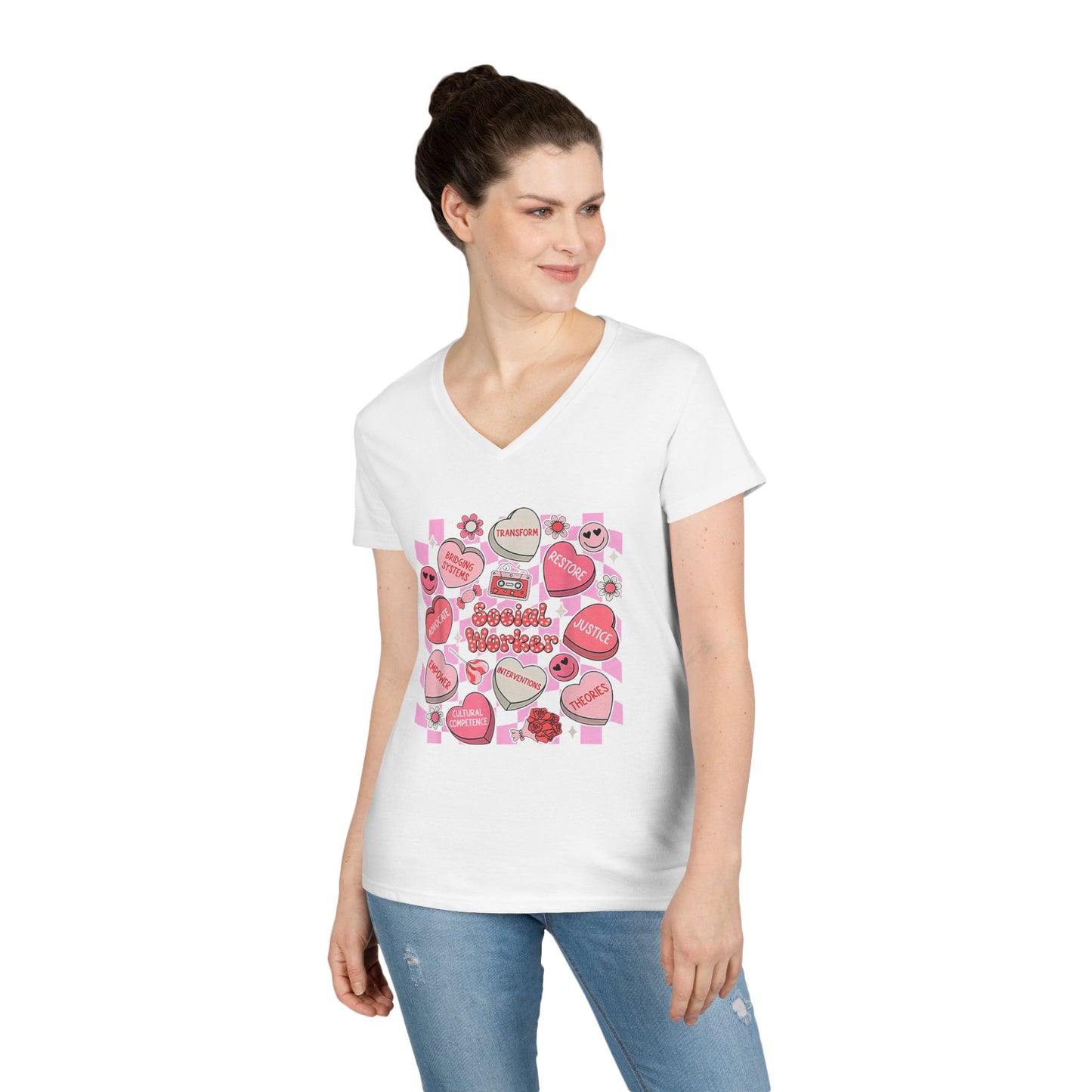 Valentine Candy Hearts Ladies' V-Neck T-Shirt — Sweetheart Messages Graphic Tee - Social Worker