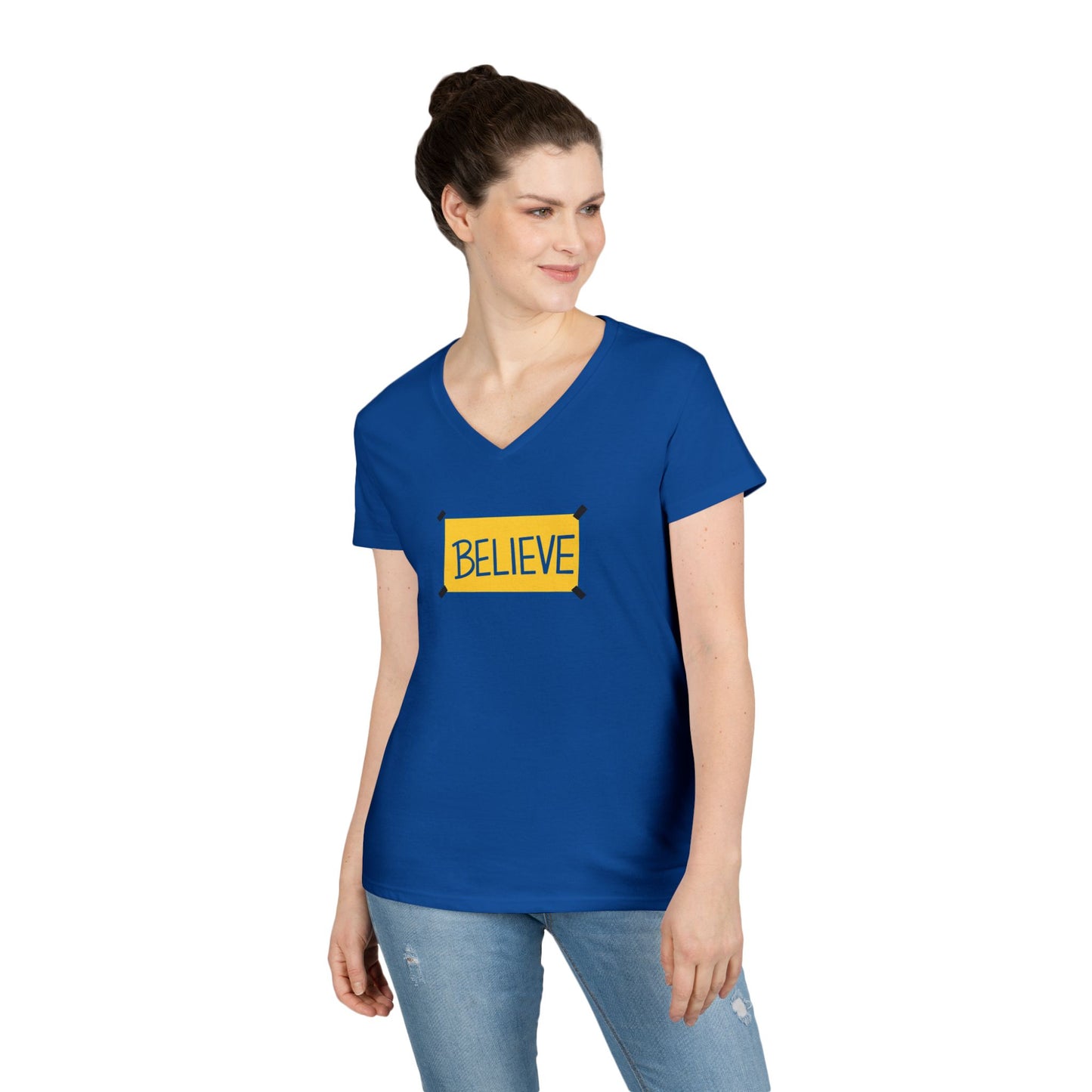 Believe Ladies' V-Neck Tee — Inspirational Graphic T-Shirt for Women (Social Worker/Mental Health)