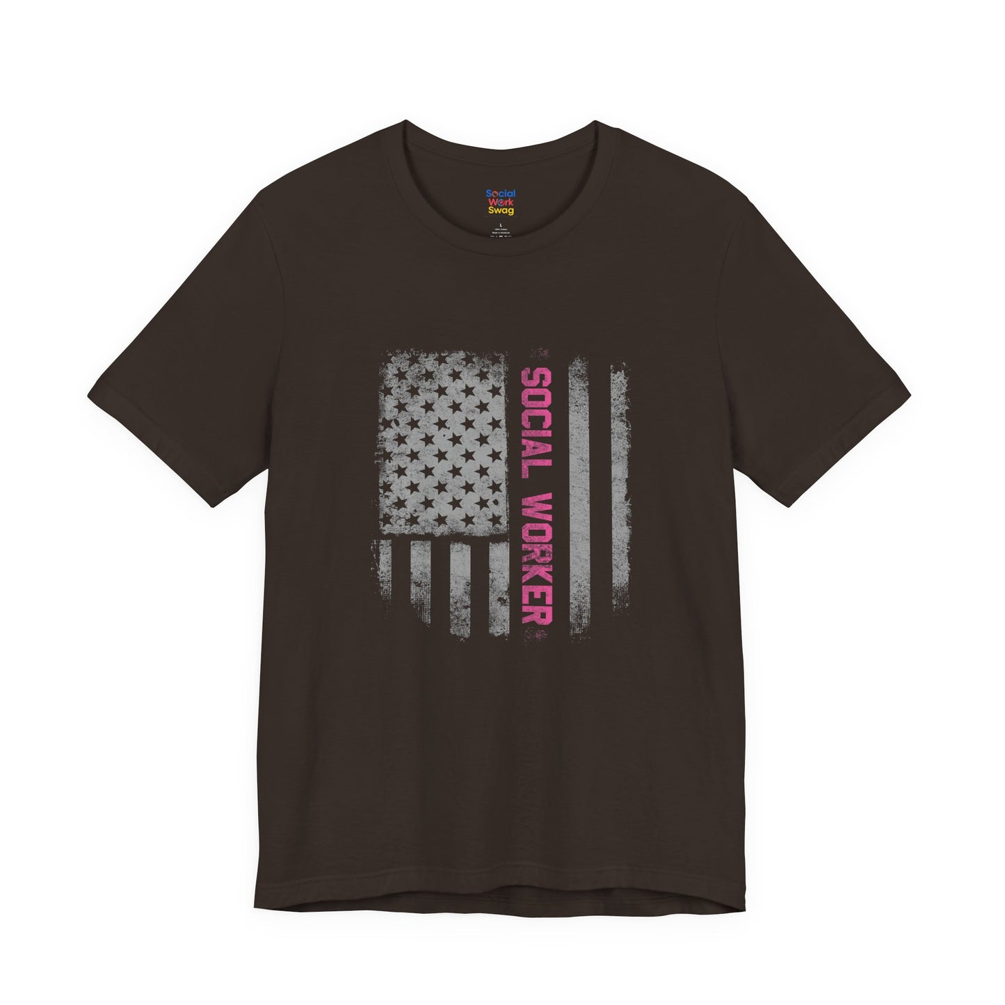 Unisex-Social Worker American Flag T-Shirt — Distressed Gray & Pink Honor Tee