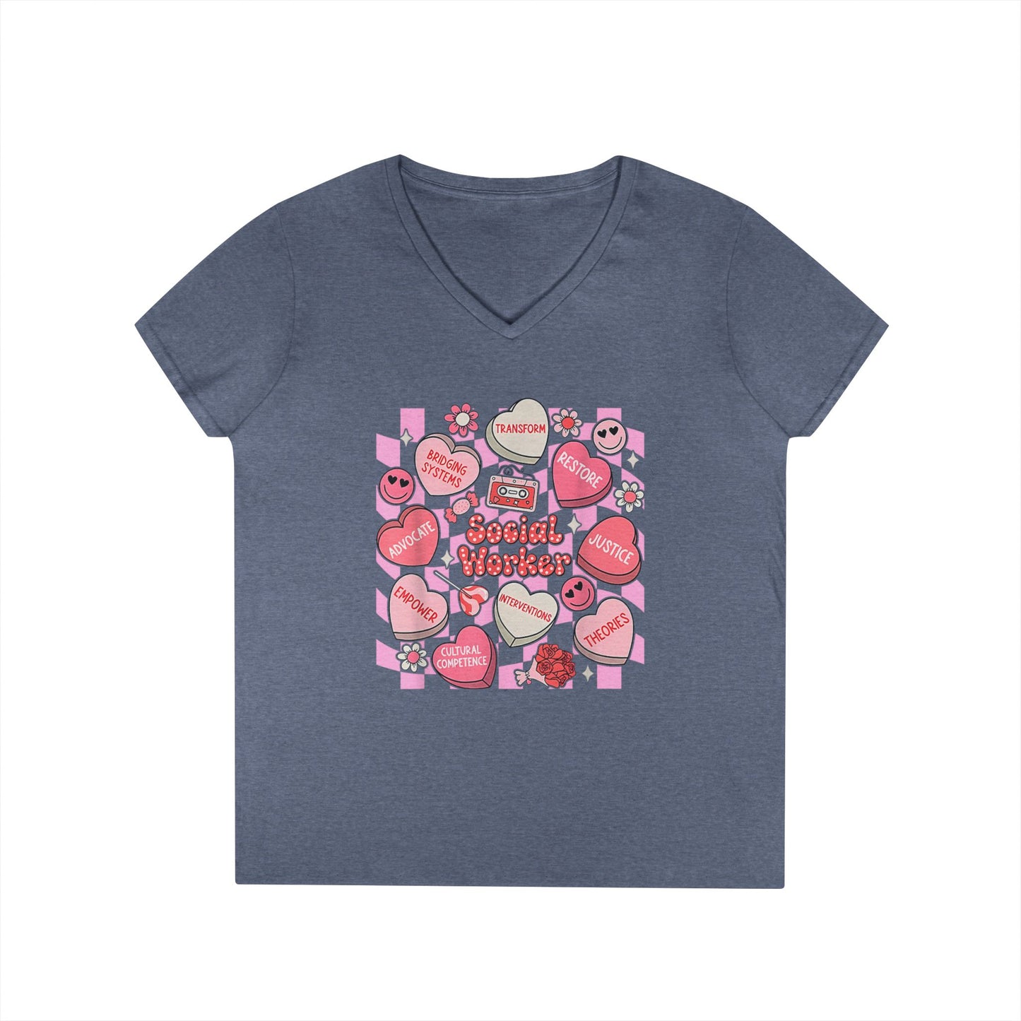 Valentine Candy Hearts Ladies' V-Neck T-Shirt — Sweetheart Messages Graphic Tee - Social Worker