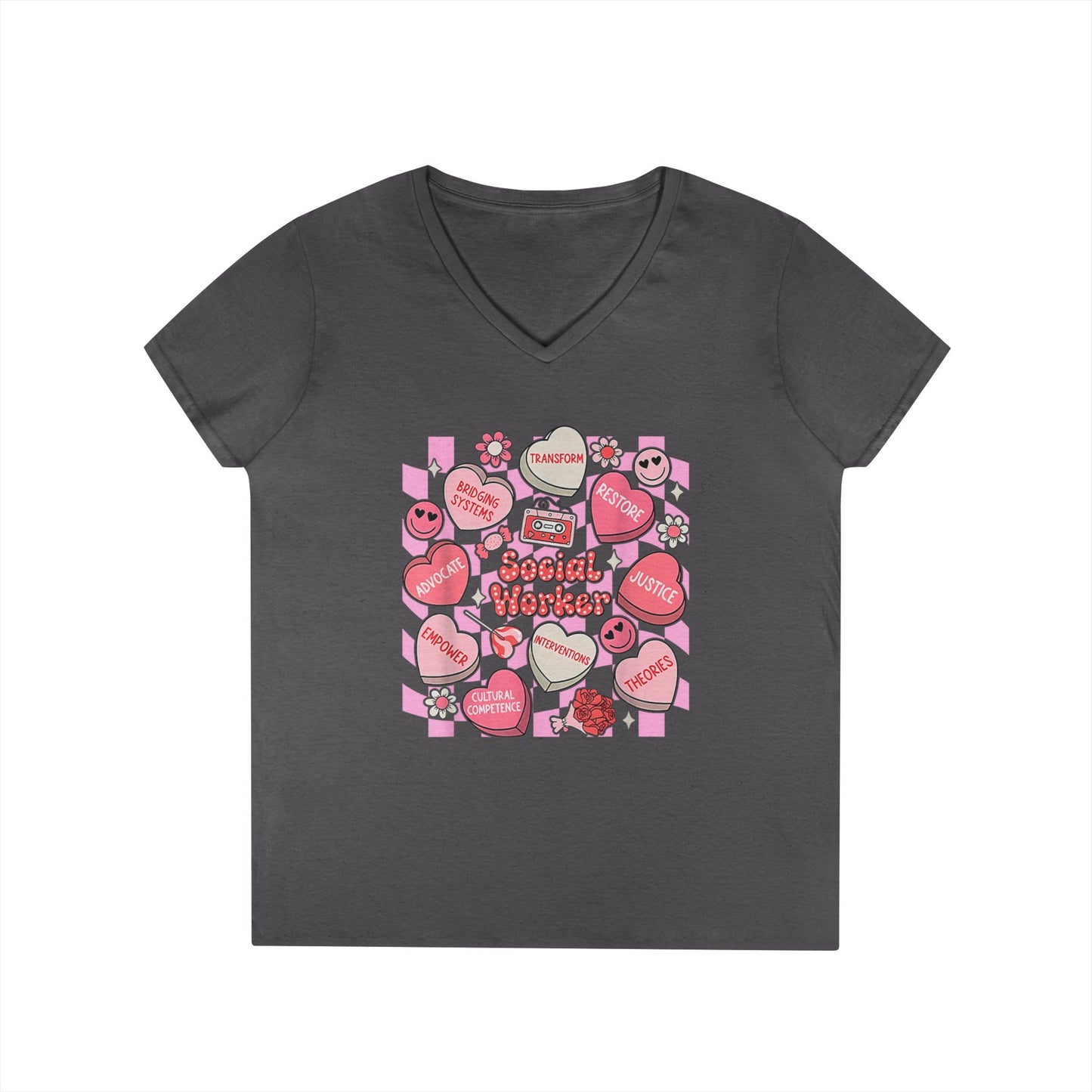 Valentine Candy Hearts Ladies' V-Neck T-Shirt — Sweetheart Messages Graphic Tee - Social Worker