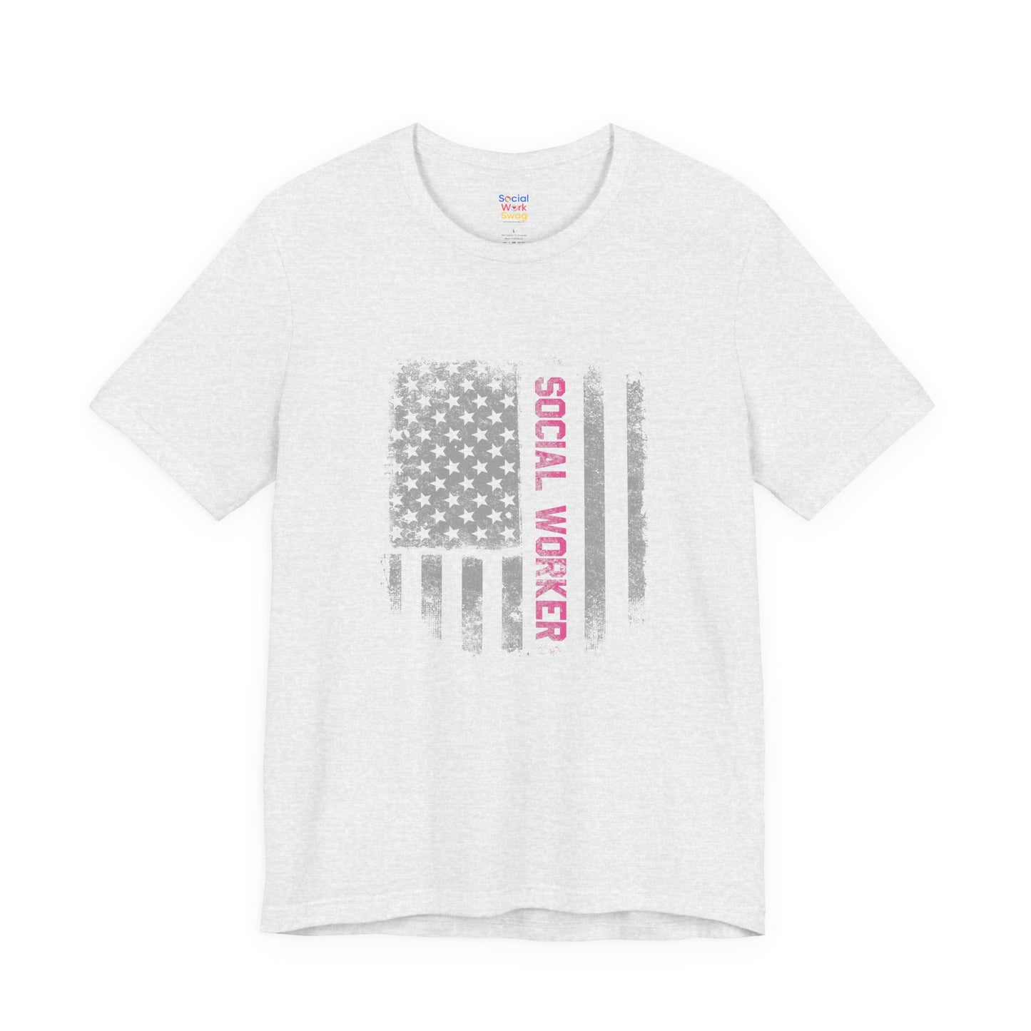 Unisex-Social Worker American Flag T-Shirt — Distressed Gray & Pink Honor Tee