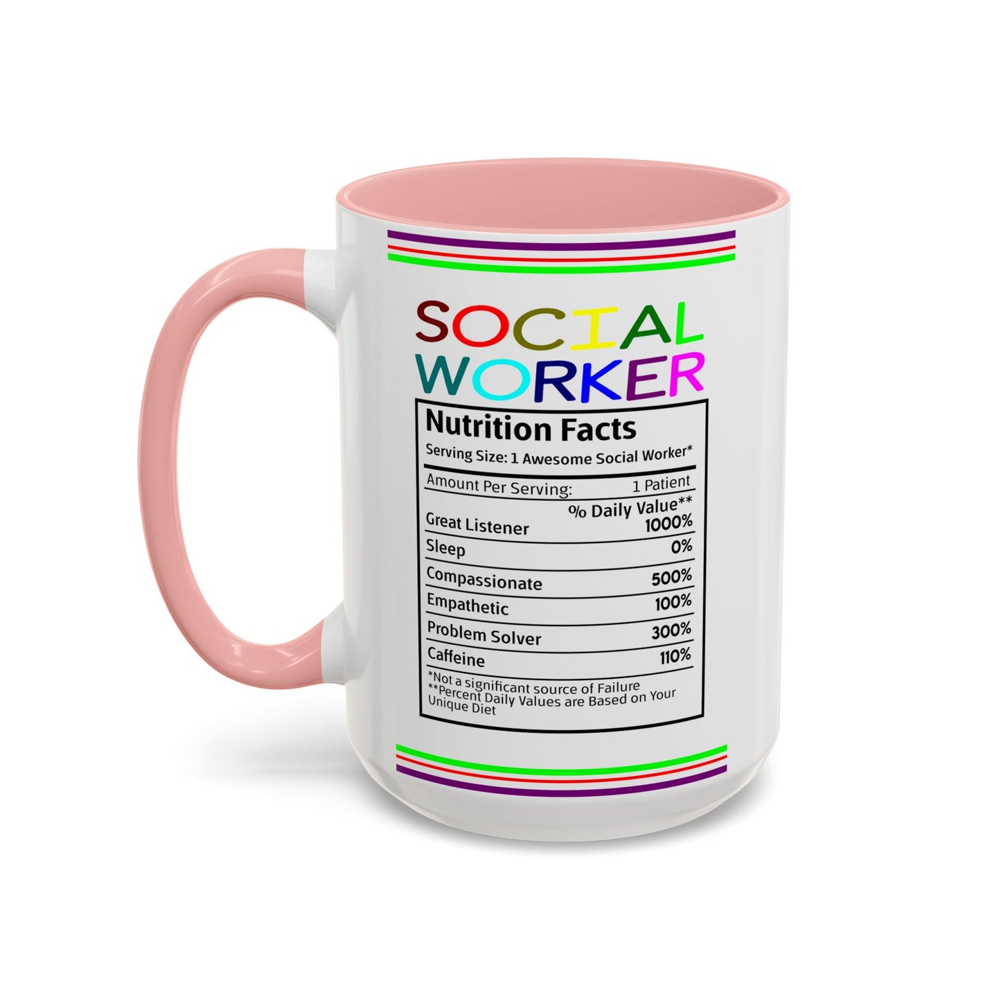 Social Worker Coffee Mug — Colorful Accent Mug with ‘Social Worker Ingredients’ Text (15oz)