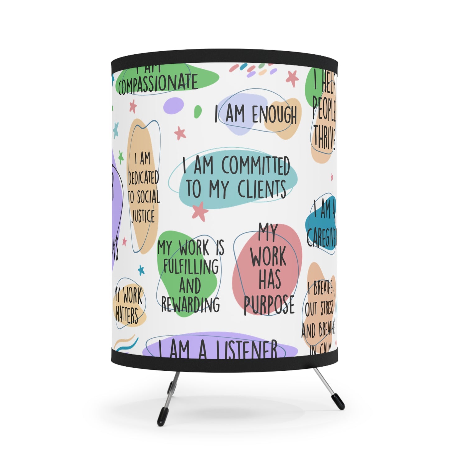 Social Worker Affirmations Tripod Lamp — Printed Shade with Positive Daily Mantras