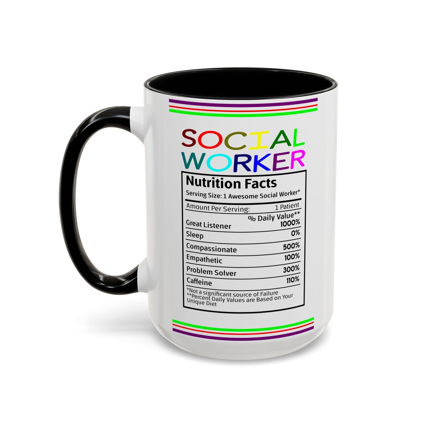 Social Worker Coffee Mug — Colorful Accent Mug with ‘Social Worker Ingredients’ Text (15oz)