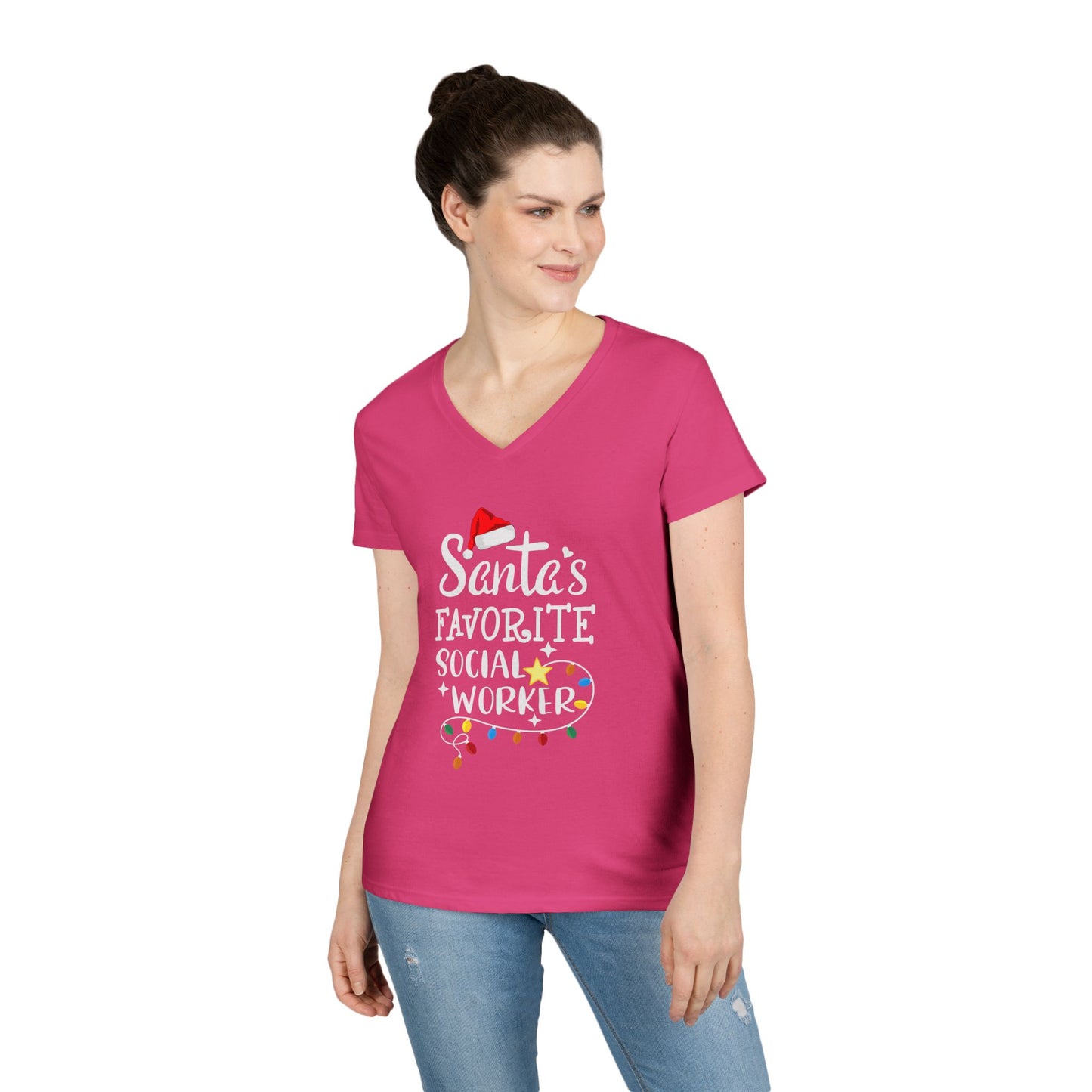 Santa’s Favorite Social Worker V-Neck Tee — Christmas Holiday Gift for Female Social Workers