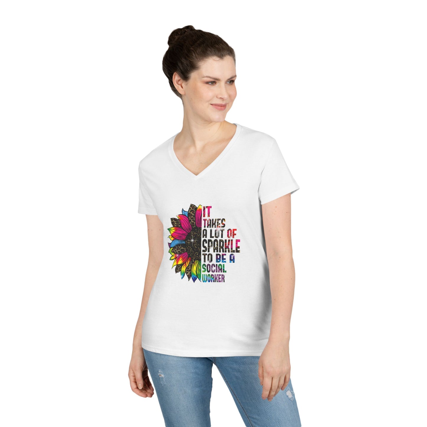 Social Worker V-Neck T-Shirt - "It Takes A Lot Of Sparkle To Be A Social Worker" Colorful Floral Design