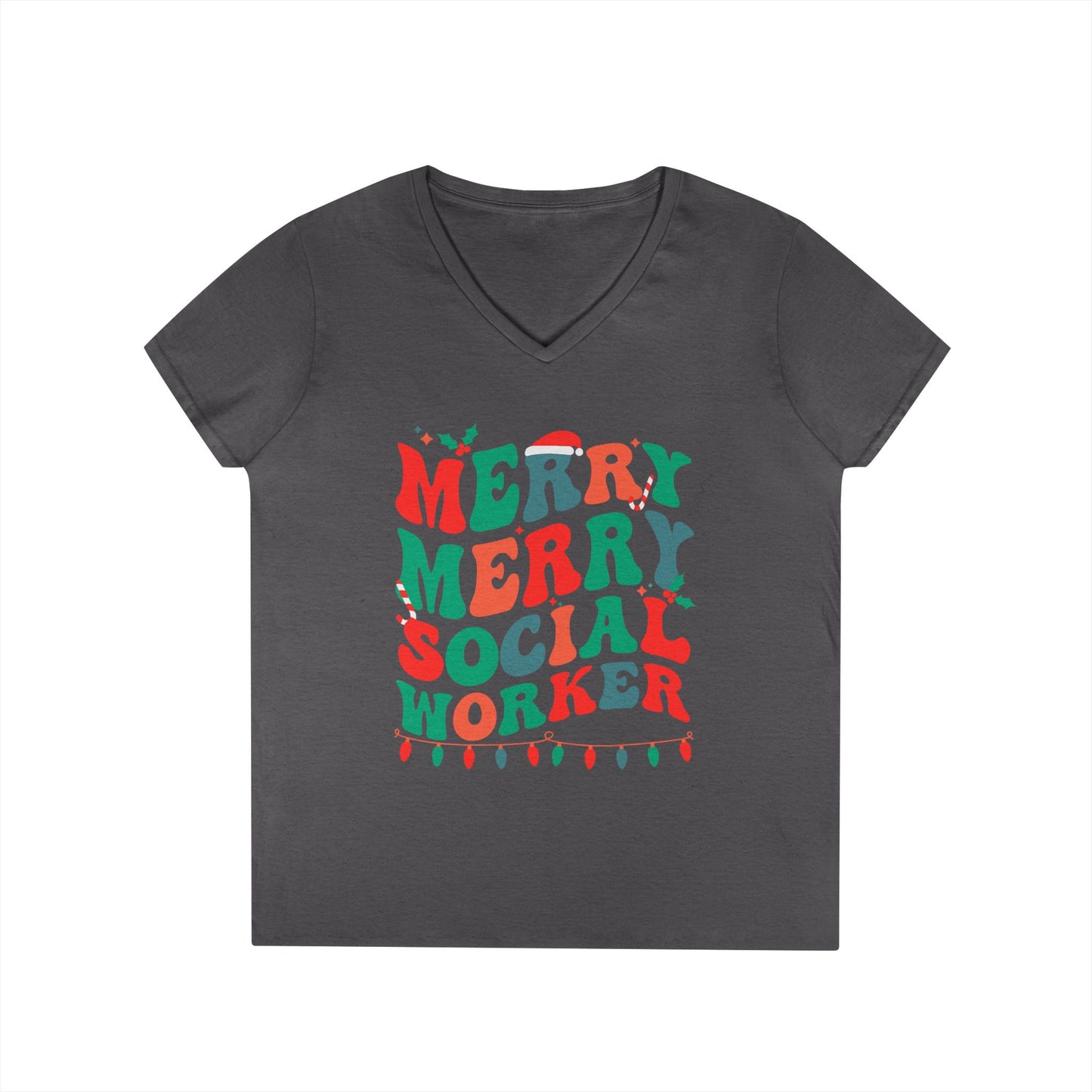 Merry Merry Social Worker V-Neck Tee — Holiday Christmas Shirt for Social Workers