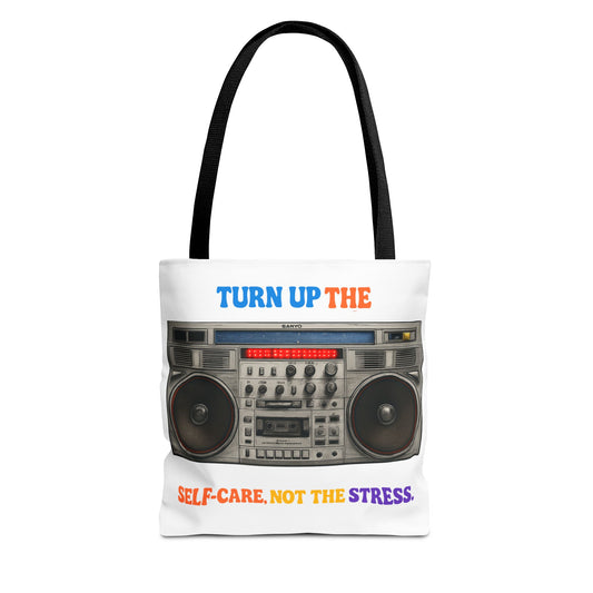 Turn Up the Self-Care Tote Bag — Retro Boombox 'Self-Care, Not the Stress' (Mental Health/Social Worker)