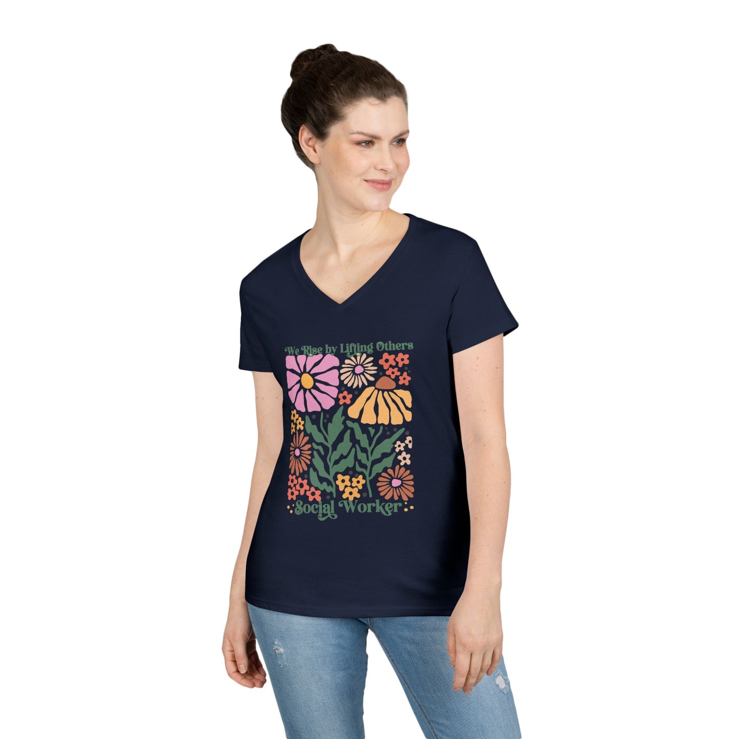 Social Worker Floral V-Neck T‑Shirt — "We Rise by Lifting Others"